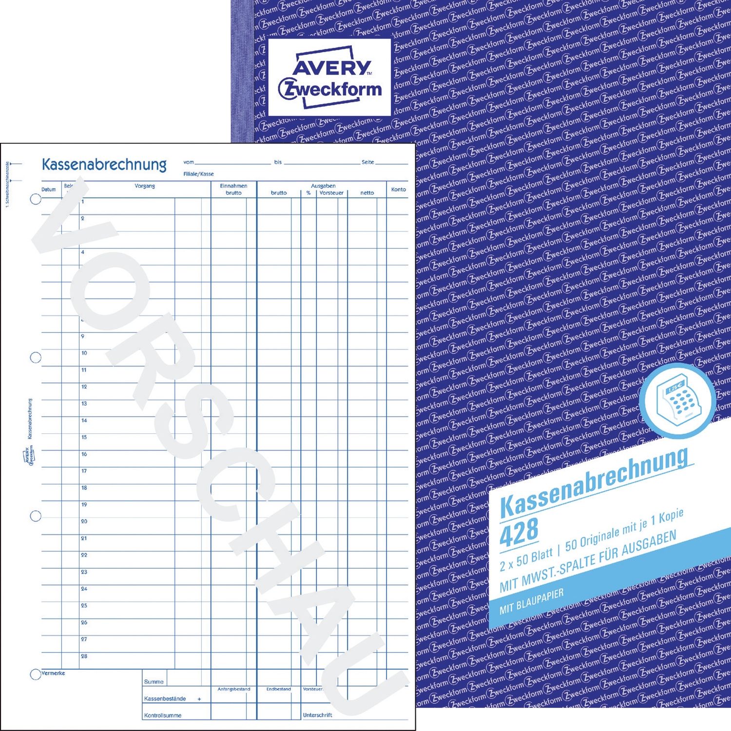 428 Kassenabrechnung, DIN A4, mit MwSt.-Spalte, 2 x 50 Blatt, weiß, gelb 428 Kassenabrechnung, DIN A4, mit MwSt.-Spalte, 2 x 50 Blatt, weiß, gelb