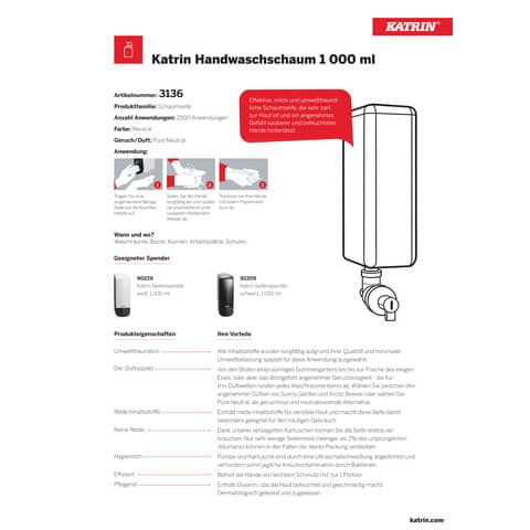 Seife Katrin Foam Soap Pure Natural 3136, Schaumseife, für Katrin Spender, Nachfüllkartusche, 1.000 ml