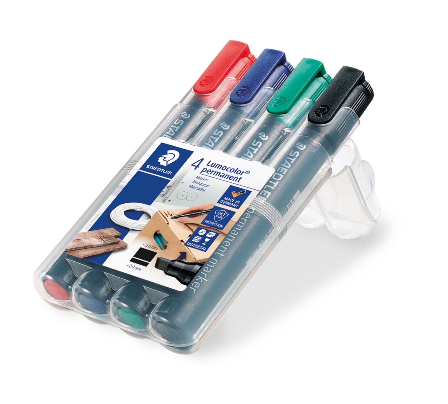 Permanentmarker Staedtler® Lumocolor® 350 WP4, Keilspitze, Strichbreite 2-5 mm, nachfüllbar, 4 Stück sortiert Permanentmarker Staedtler® Lumocolor® 350 WP4, Keilspitze, Strichbreite 2-5 mm, nachfüllbar, 4 Stück sortiert
