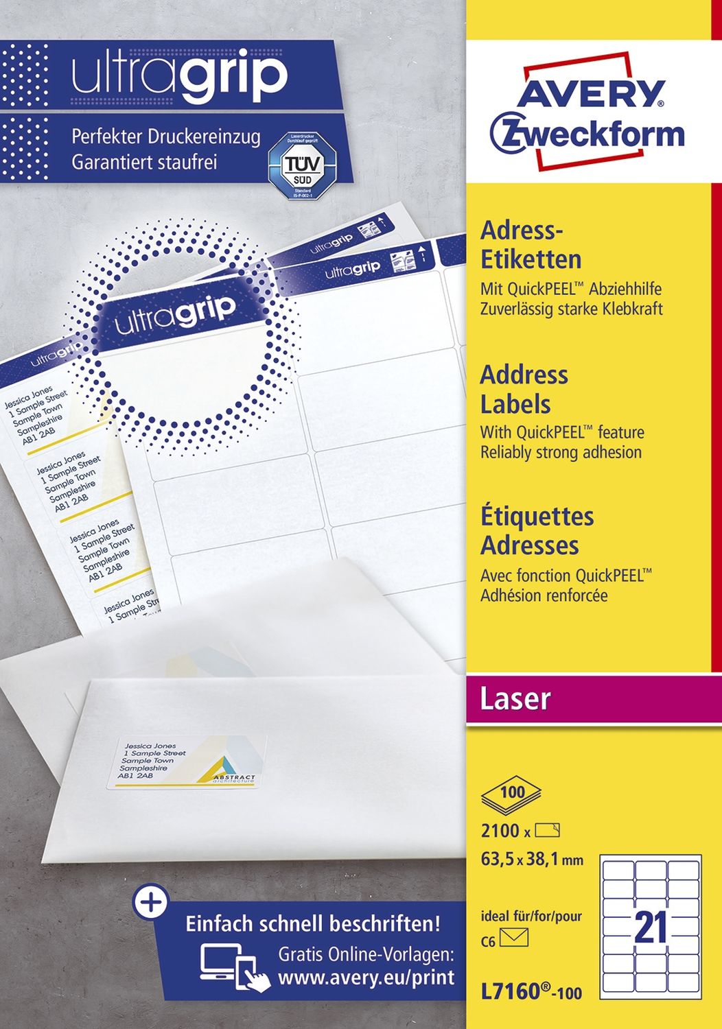 L7160-100 Adress-Etiketten - 63,5 x 38,1 mm, weiß, 2.100 Etiketten/100 Blatt, permanent, für C6 Kuverts L7160-100 Adress-Etiketten - 63,5 x 38,1 mm, weiß, 2.100 Etiketten/100 Blatt, permanent, für C6 Kuverts