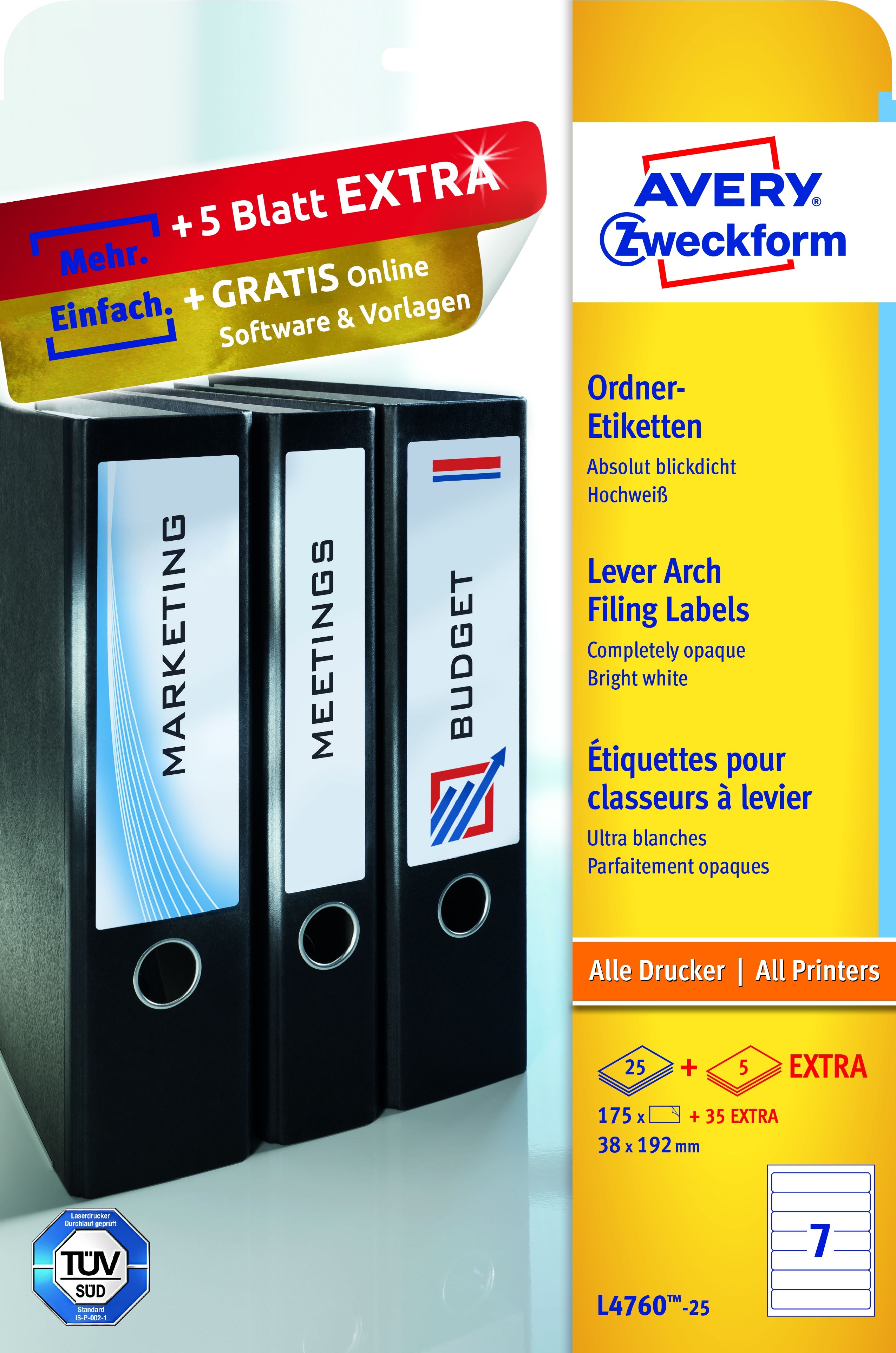 Rückenschild Avery Zweckform L4760-25 PC-beschriftbar, schmal/lang 38 x 297 mm, 30Bogen/210 Etiketten, weiß
