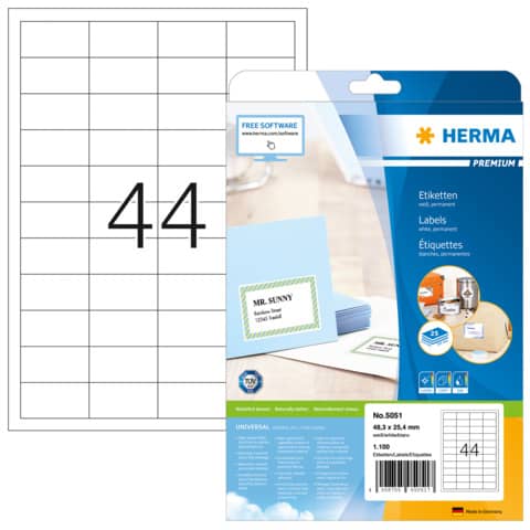 Universaletiketten Herma Premium 5051, 48,3 x 25,4 mm, mit Rand, weiß, 25 Blatt mit 1100 Etiketten