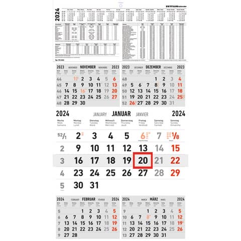 5-Monatskalender 970 Zettler 602439 Wandkalender, Jahr 2024 mit Datumsschieber 33 x 59 cm