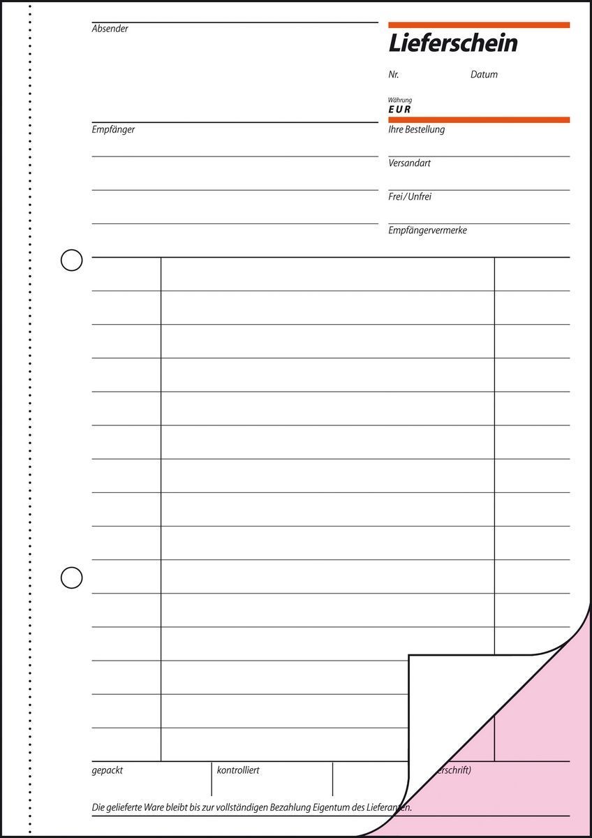 Lieferscheine mit Empfangsschein - A5, 1. und 2. Blatt bedruckt, 2 x 50 Blatt Lieferscheine mit Empfangsschein - A5, 1. und 2. Blatt bedruckt, 2 x 50 Blatt