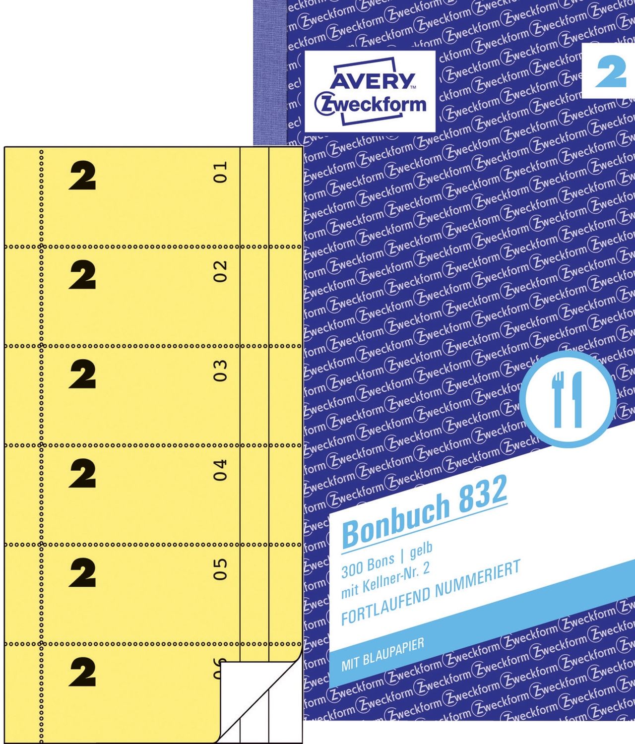 832 Bonbuch, Kompaktblock, mit Kellner-Nr., 2 x 50 Blatt, gelb 832 Bonbuch, Kompaktblock, mit Kellner-Nr., 2 x 50 Blatt, gelb