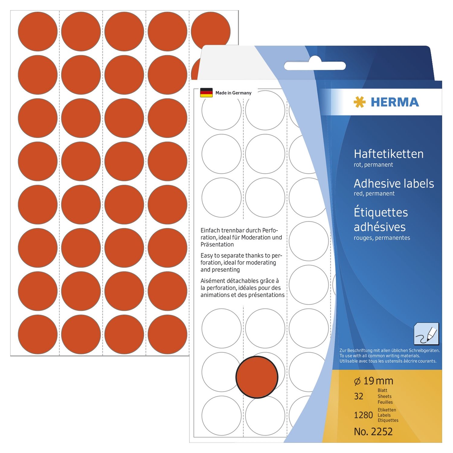 2252 Vielzwecketiketten - rot, Ø 19 mm, matt, Trägerpapier perforiert, 1280 Stück 2252 Vielzwecketiketten - rot, Ø 19 mm, matt, Trägerpapier perforiert, 1280 Stück