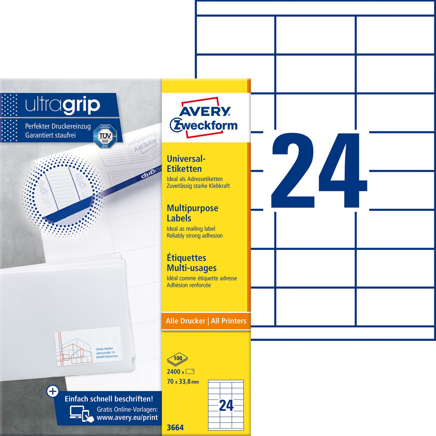 3664 Universal-Etiketten ultragrip - 70 x 33,8 mm, weiß, 2.400 Etiketten, permanent 3664 Universal-Etiketten ultragrip - 70 x 33,8 mm, weiß, 2.400 Etiketten, permanent