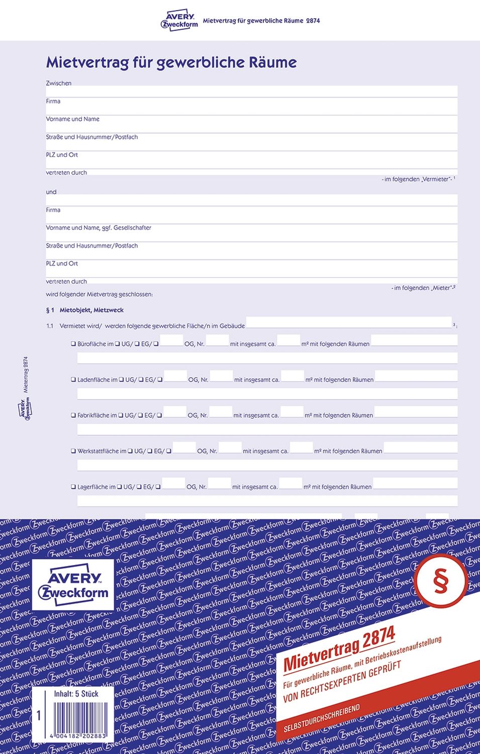 2874 Mietvertrag - gewerbliche Räume, DIN A4, selbstdurchschreibend, 1 Pack = 5 Stück, blau 2874 Mietvertrag - gewerbliche Räume, DIN A4, selbstdurchschreibend, 1 Pack = 5 Stück, blau