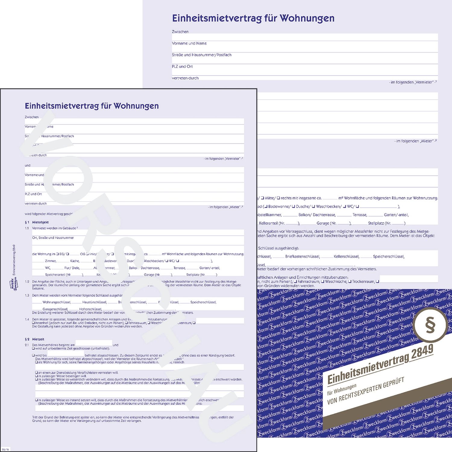 2849 Einheitsmietvertrag für Wohnungen, DIN A4, mit Hausordnung, 1 Satz, blau