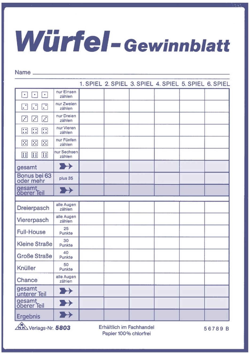 Würfelspiel-Gewinnblatt - Block, DIN A6, 3 x 85 Blatt Würfelspiel-Gewinnblatt - Block, DIN A6, 3 x 85 Blatt