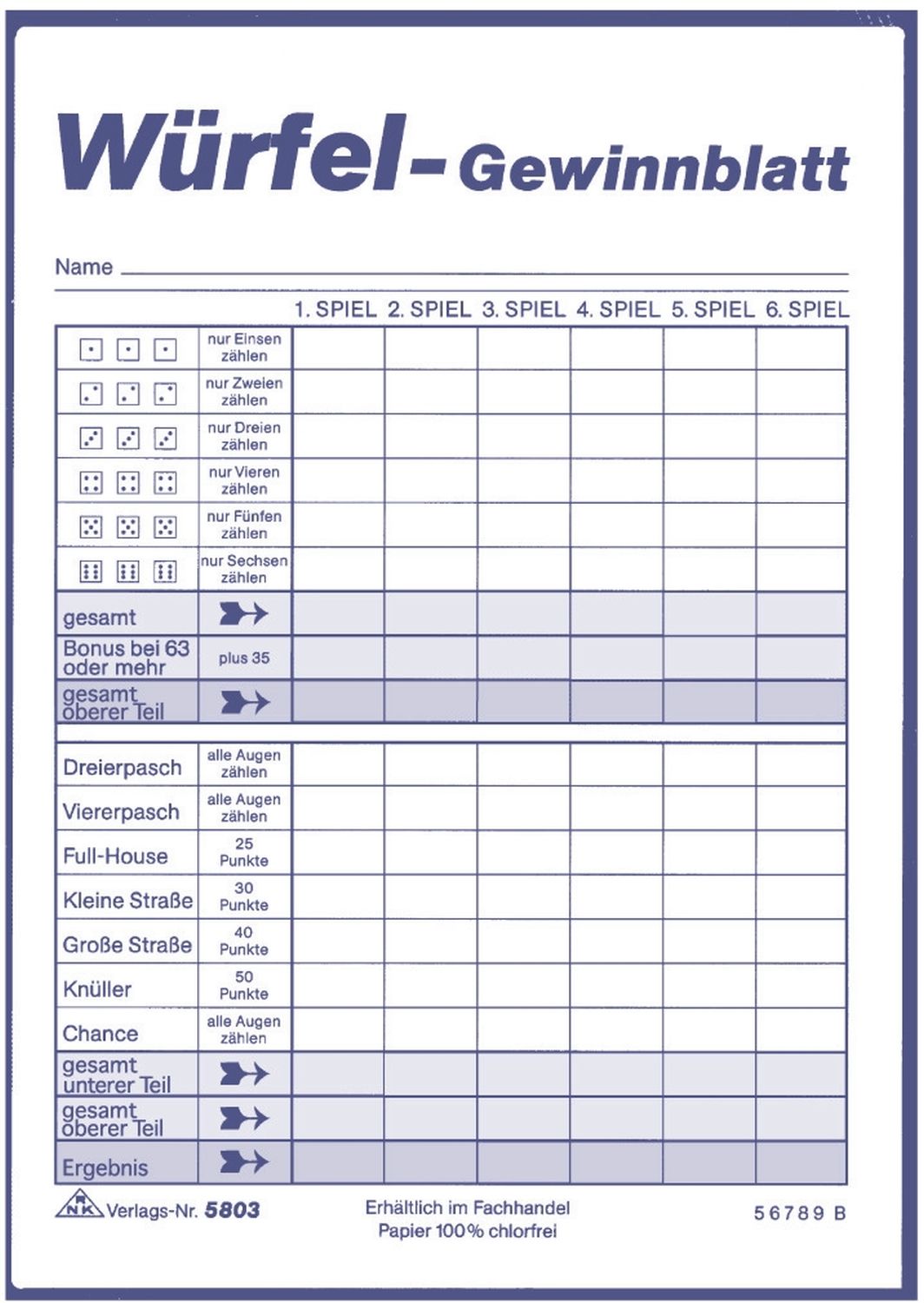 Würfelspiel-Gewinnblatt - Block, DIN A6, 3 x 85 Blatt