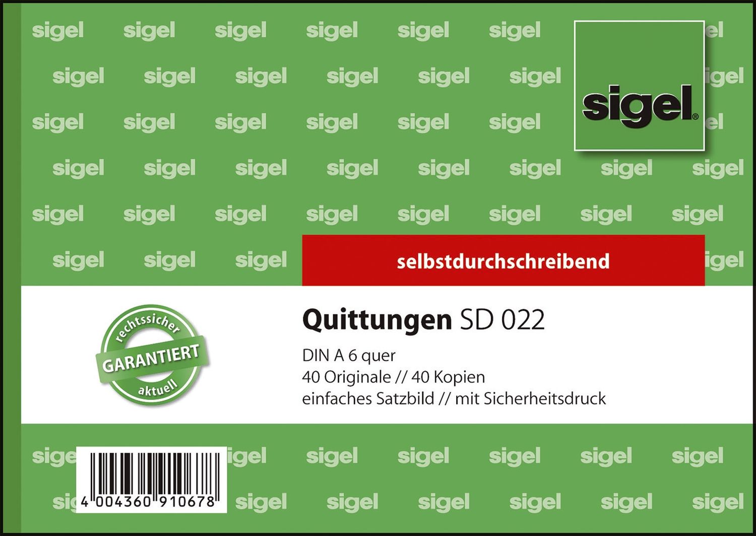 Quittungen mit Sicherheitsdruck - A6 quer, einfaches Satzbild, 1. und 2. Blatt bedruckt, SD, MP,  2 x 40 Blatt