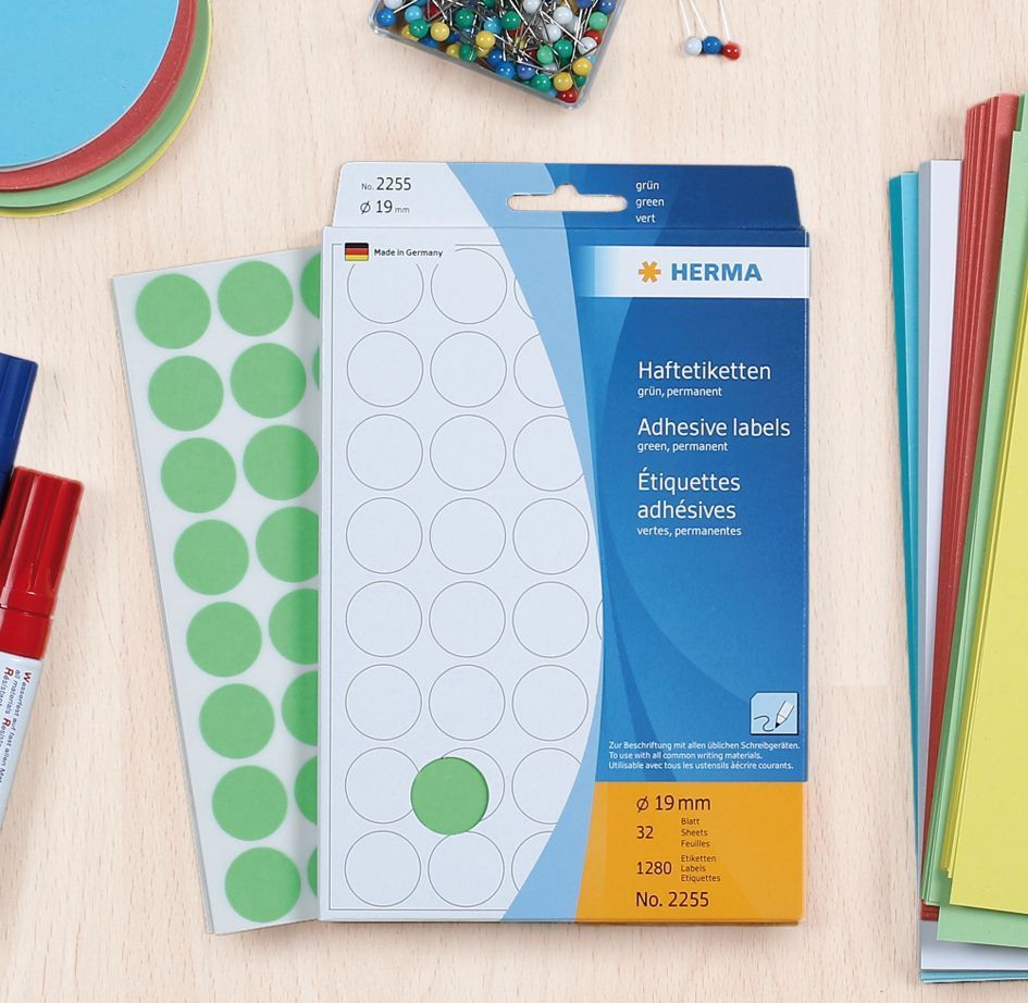 2251 Vielzwecketiketten - gelb, Ø 19 mm, matt, Trägerpapier perforiert, 1280 Stück 2251 Vielzwecketiketten - gelb, Ø 19 mm, matt, Trägerpapier perforiert, 1280 Stück