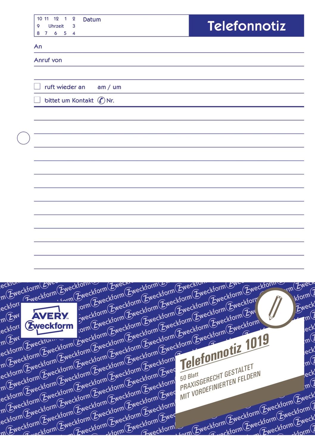 1019 Telefonnotiz, DIN A5, vorgelocht, 50 Blatt, weiß 1019 Telefonnotiz, DIN A5, vorgelocht, 50 Blatt, weiß