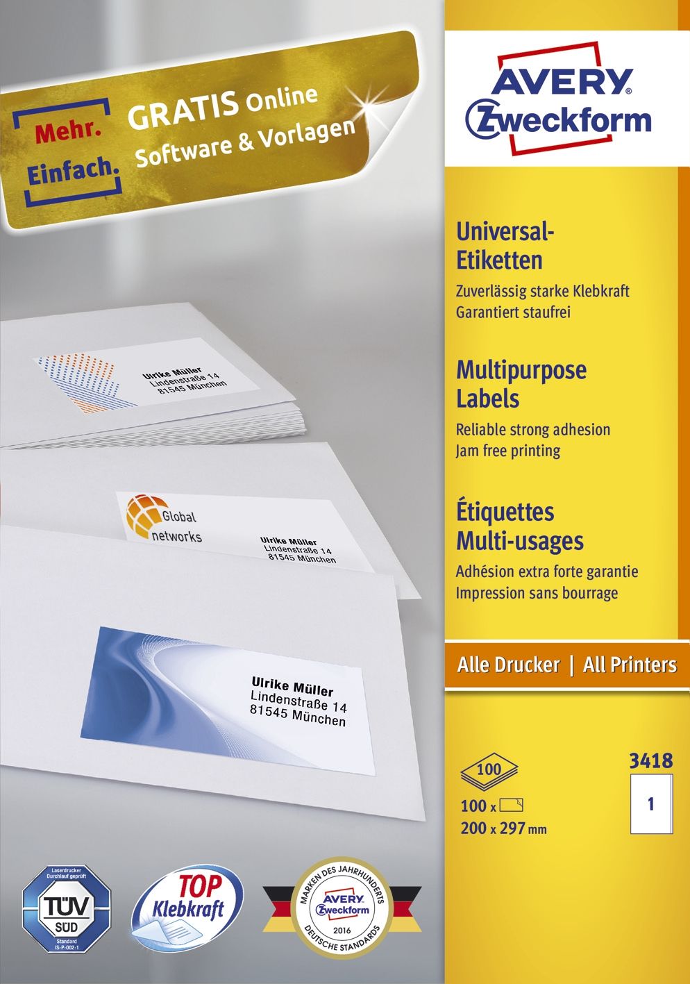 3418 Universal-Etiketten - 200 x 297 mm, weiß, 100 Etiketten/100 Blatt, permanent 3418 Universal-Etiketten - 200 x 297 mm, weiß, 100 Etiketten/100 Blatt, permanent
