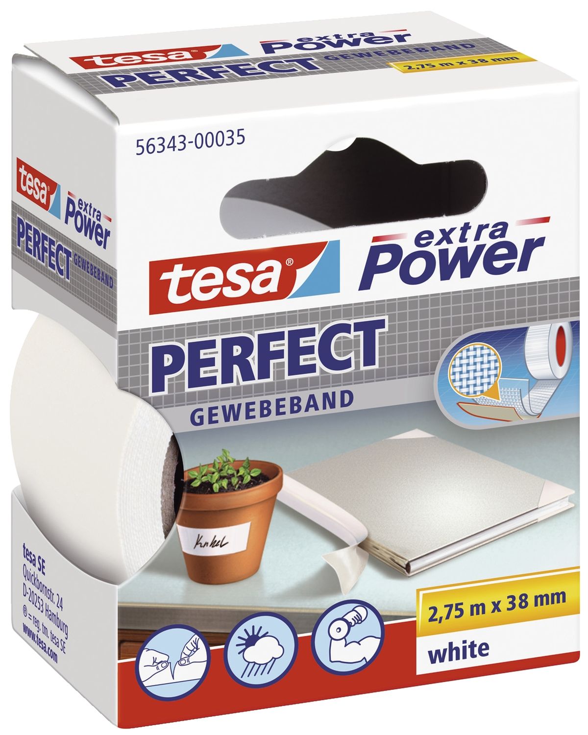 Gewebeklebeband extra Power Perfect - 2,75 m x 38 mm, weiß