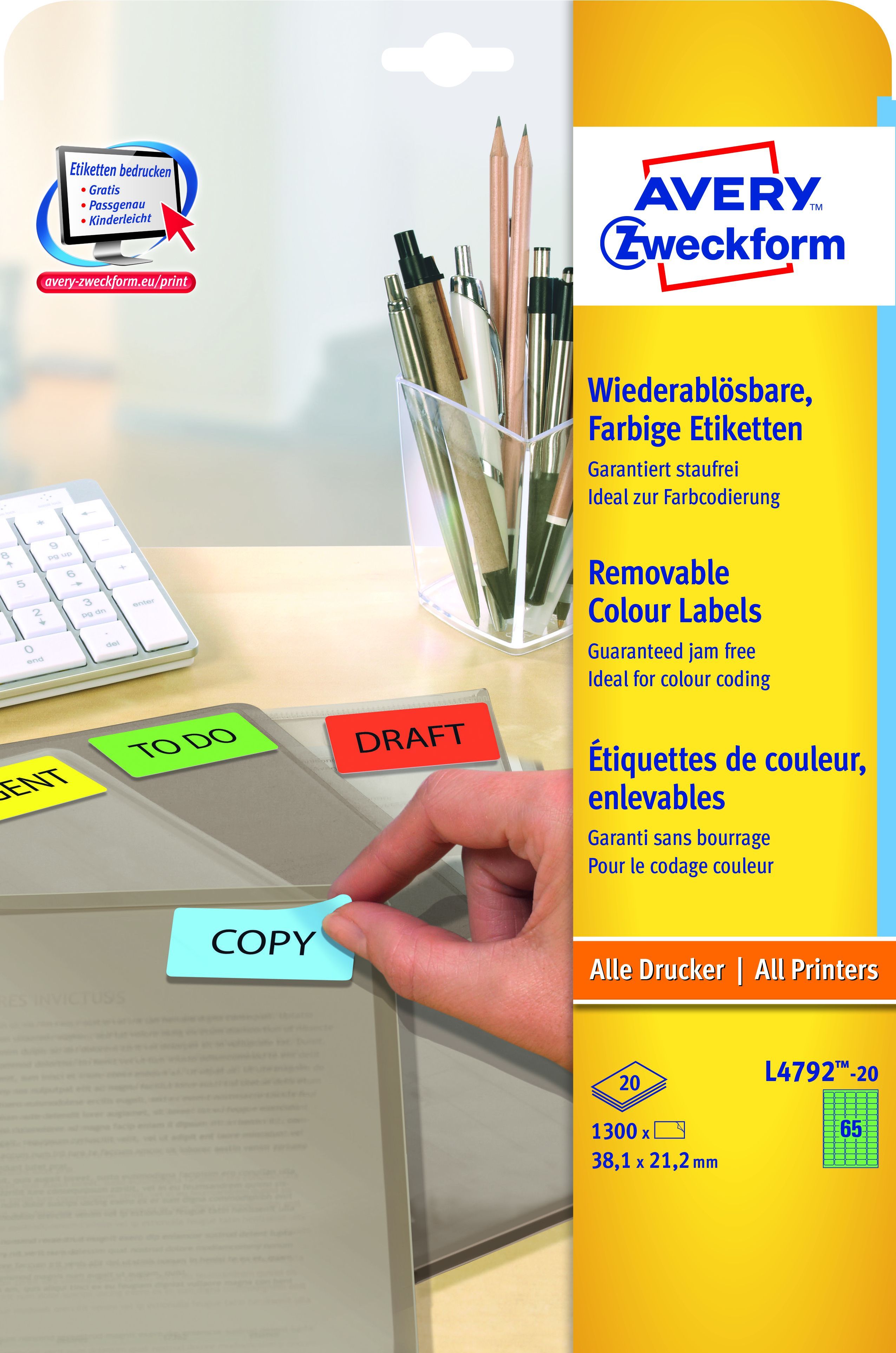 L4792-20 Etiketten - 38,1 x 21,2 mm, grün, 1.300 Etiketten/20 Blatt, wiederablösbar