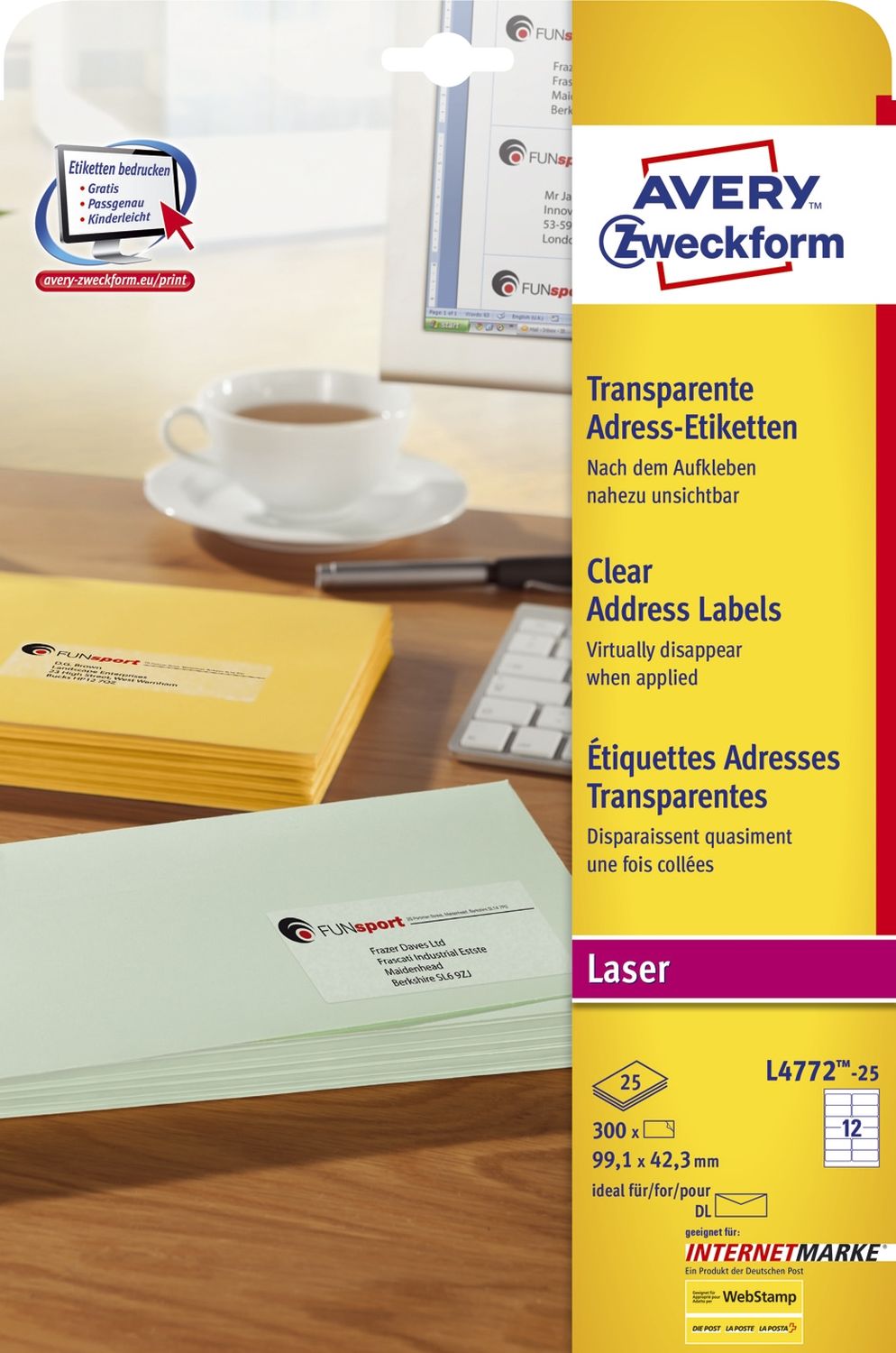 L4772-25 Adressetiketten (300 Etiketten, 99,1 x 42,3 mm) 25 Blatt transparent L4772-25 Adressetiketten (300 Etiketten, 99,1 x 42,3 mm) 25 Blatt transparent