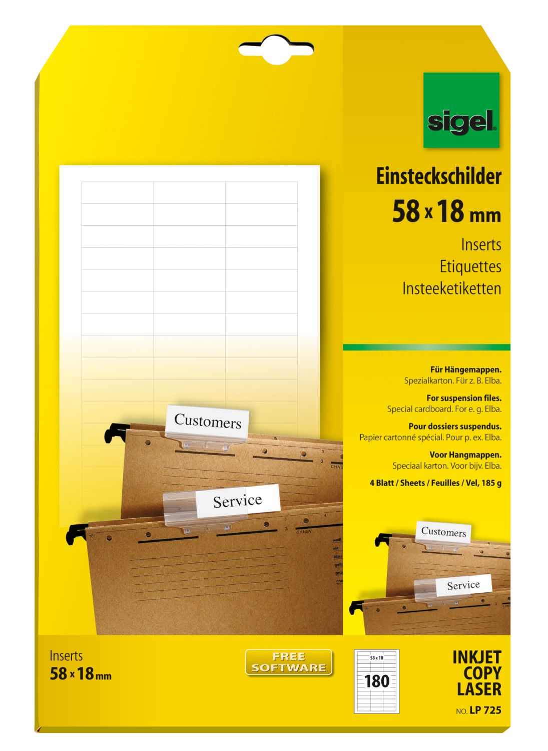 Beschriftungschilder Sigel LP725 für Hängemappen, PC-Beschriftung, 58 x 18 mm, weiß, 180 Stück