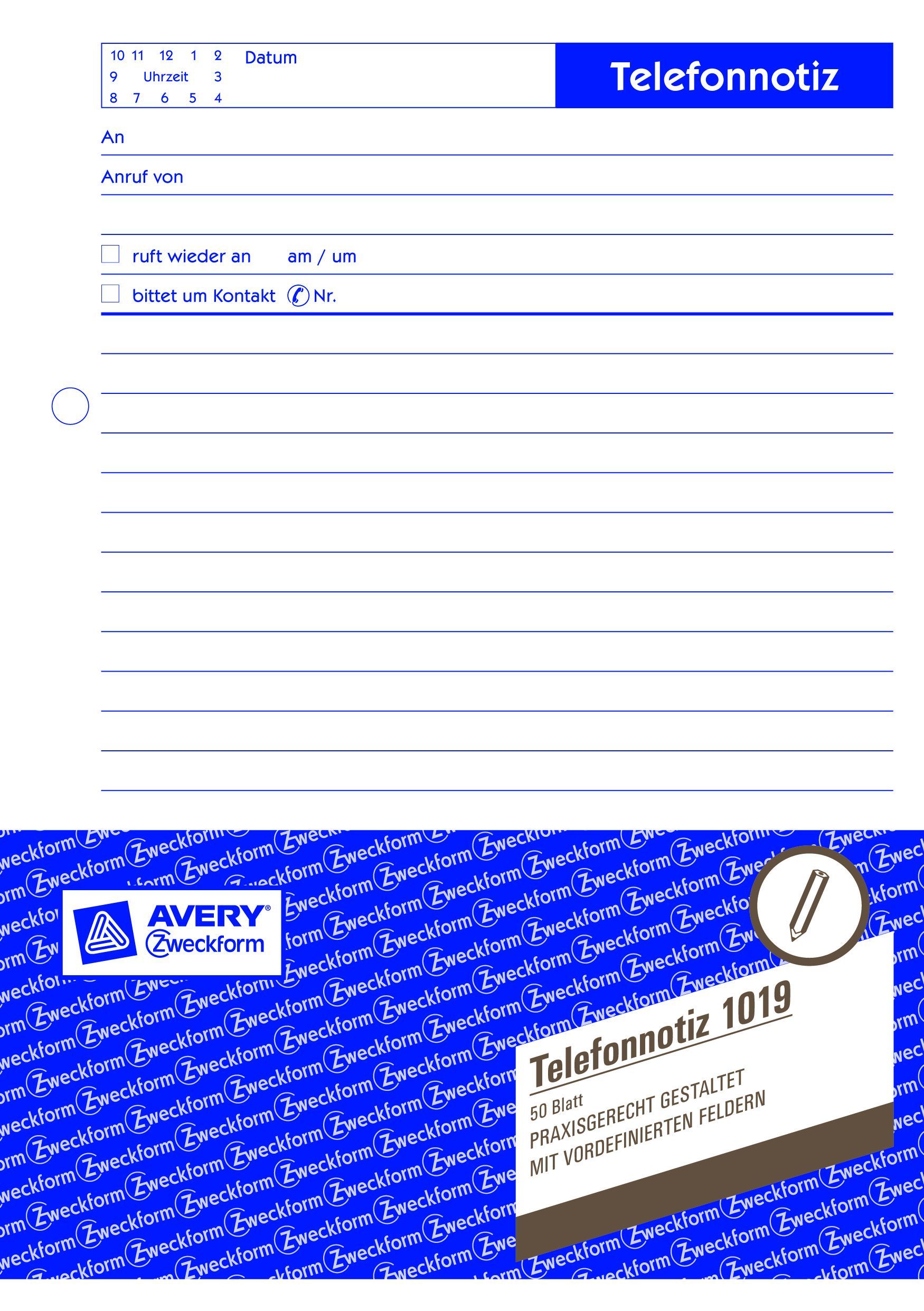 1019 Telefonnotiz, DIN A5, vorgelocht, 50 Blatt, weiß 1019 Telefonnotiz, DIN A5, vorgelocht, 50 Blatt, weiß