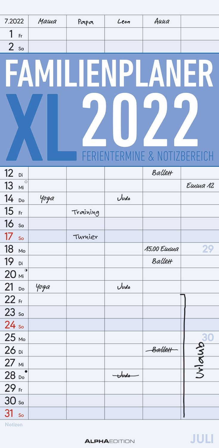 Familienkalender XL - 21 x 45 cm,  5 Spalten
