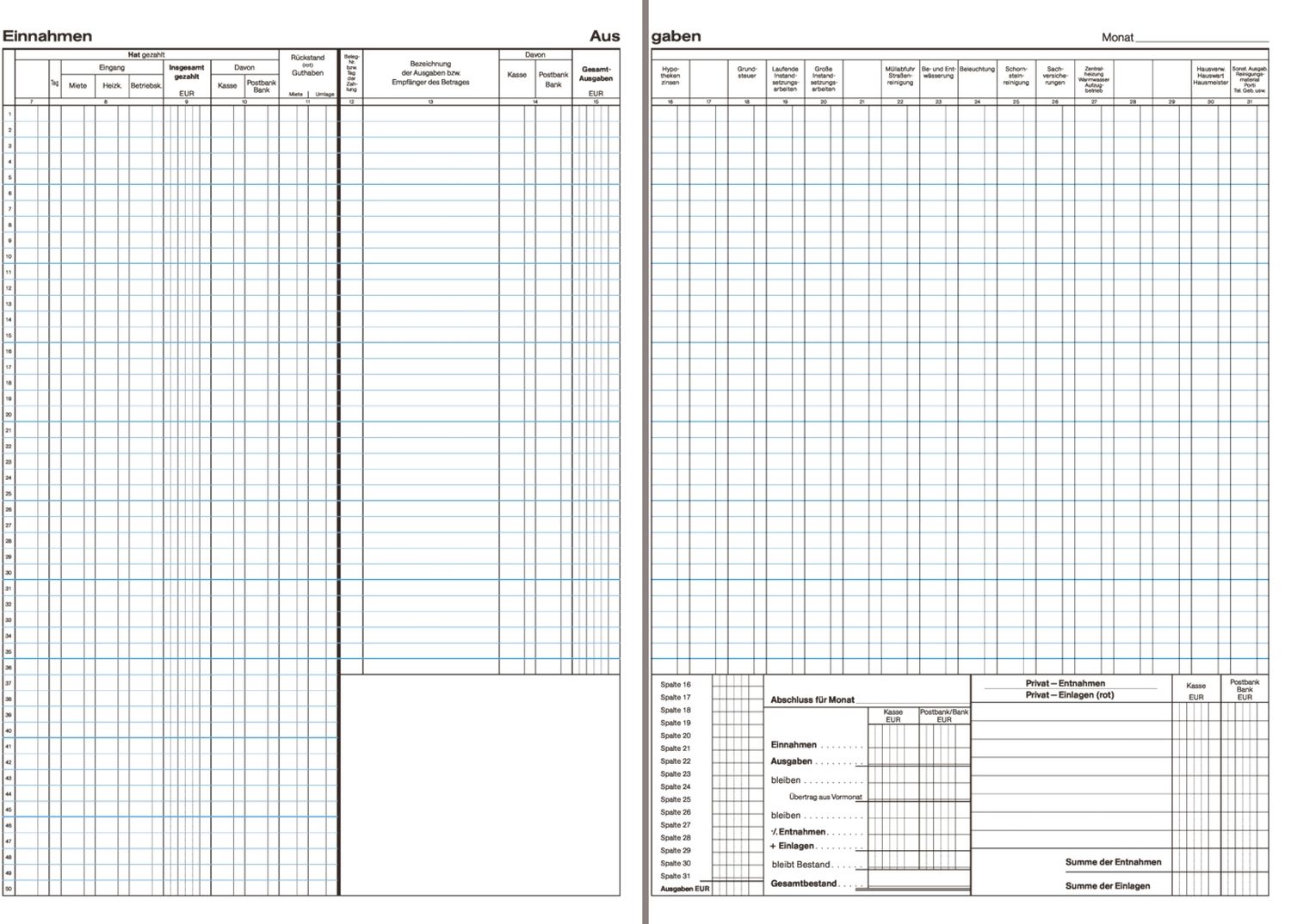 Hauskontobuch mit Mieterregister und Miethöhe, 260 x 380 mm