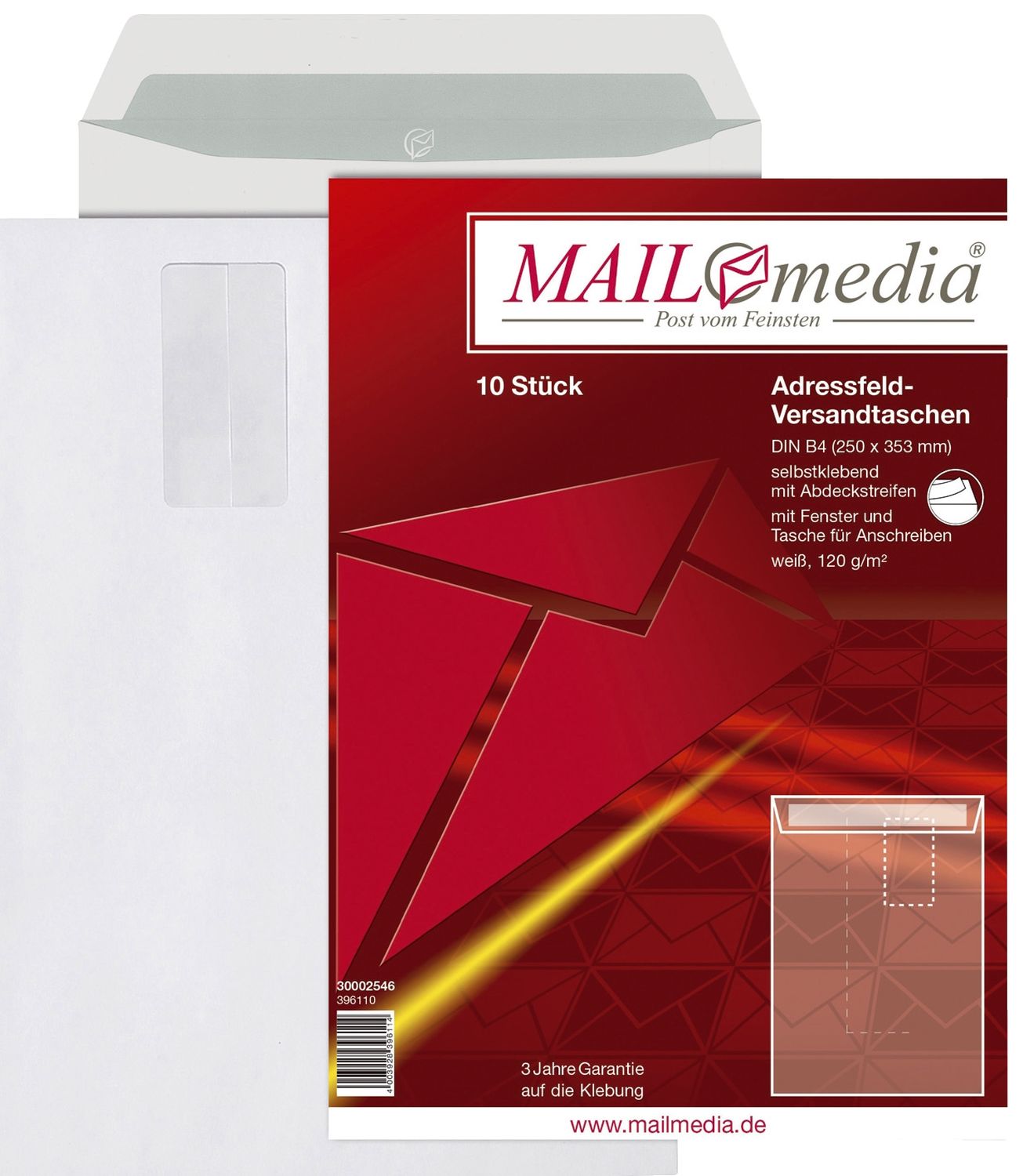 Versandtaschen MAILmedia® 30002546, B4, mit Adressfeldtasche, haftklebend, 120 g/qm, weiß, 10 Stück