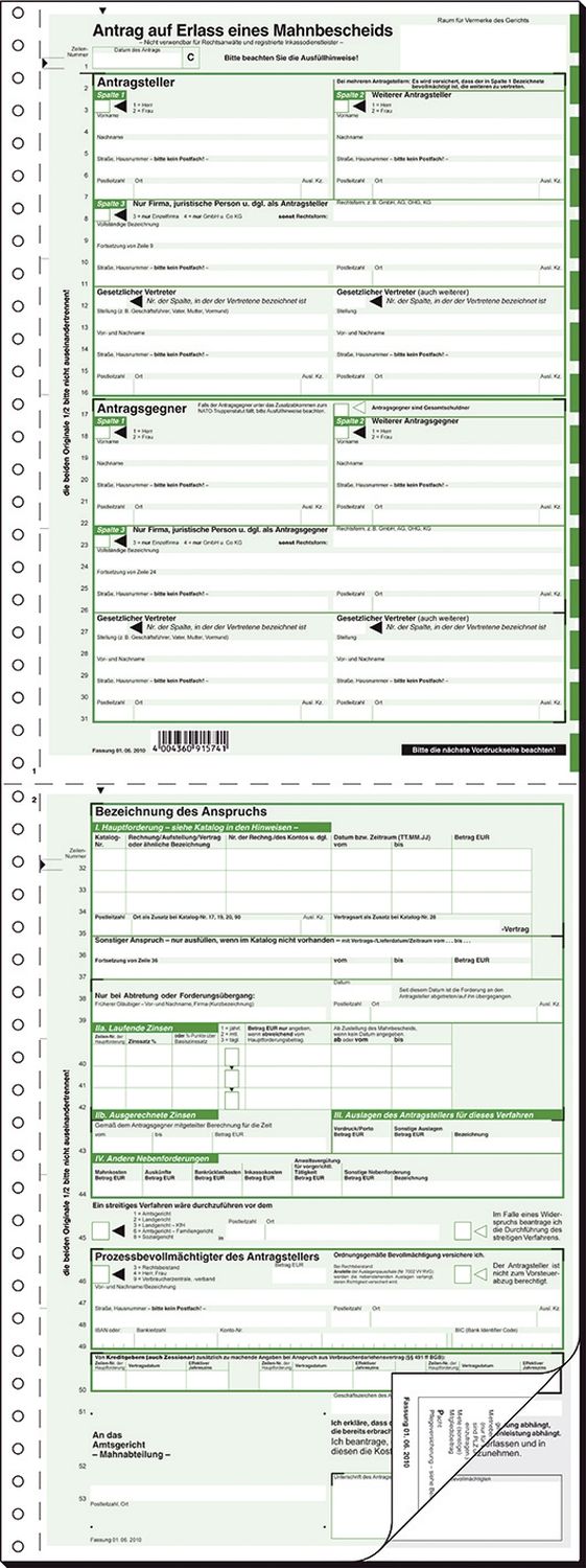 Mahnbescheid für maschinelle Bearbeitung - A4, 2 x 2 Blatt