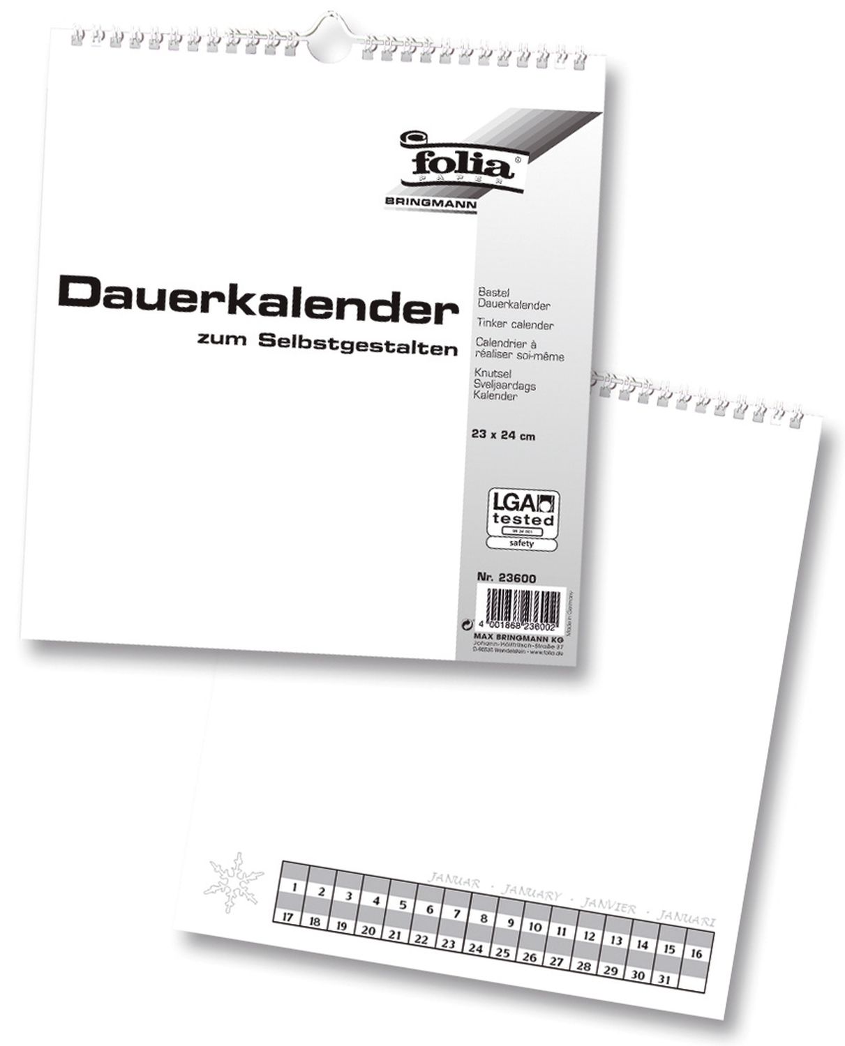 Bastelkalender - 23 x 24 cm, weiß, 1 blanko Deckblatt + 12 Monatsblätter