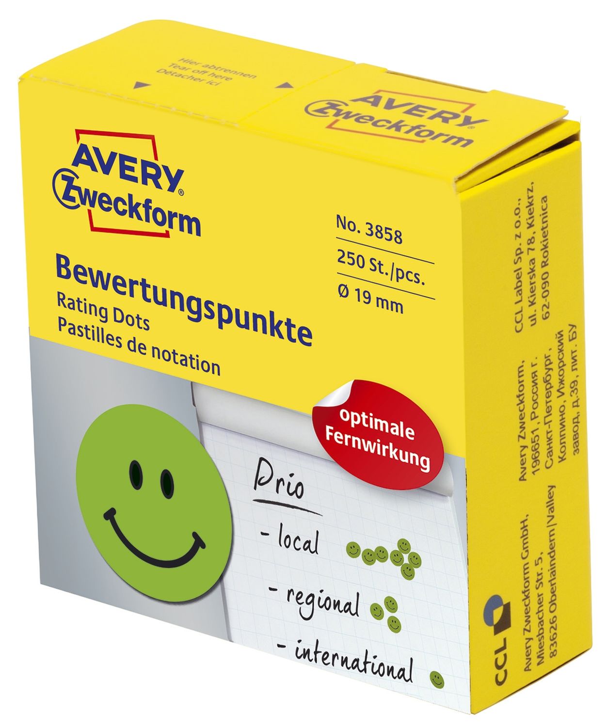 3858 Bewertungspunkt "lachender Smiley" - Ø 19 mm, Spender mit 250 Etiketten, grün