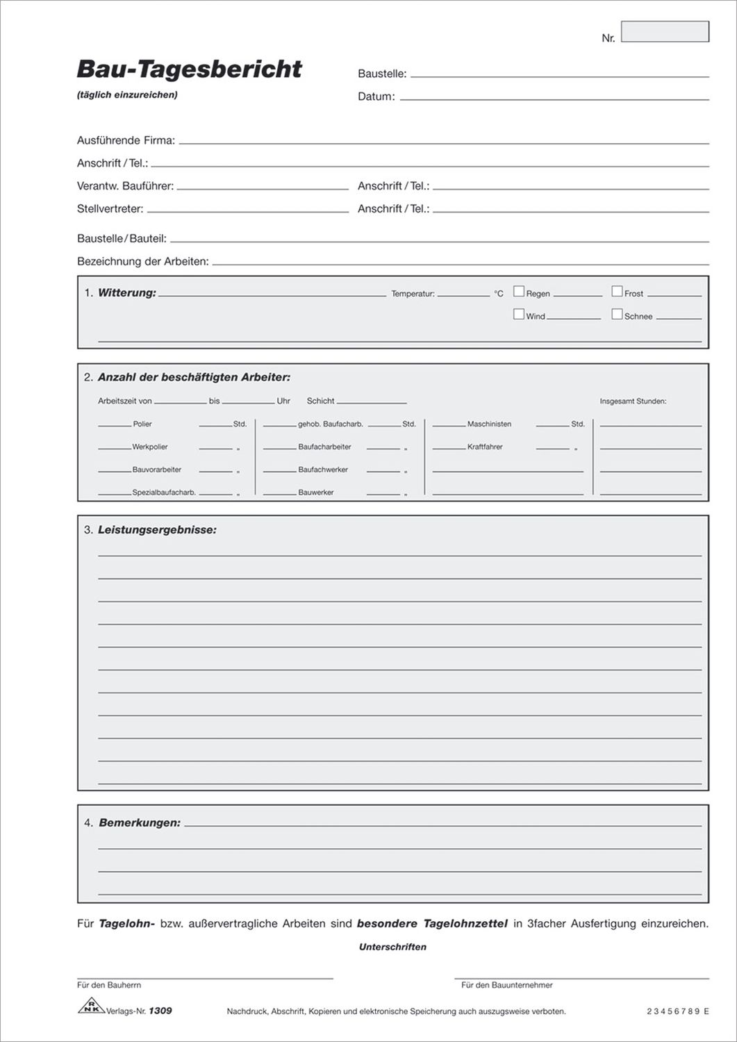 Bau-Tagesbericht - Block, 3 x 50 Blatt, DIN A4, mit Durchschreibepapier Bau-Tagesbericht - Block, 3 x 50 Blatt, DIN A4, mit Durchschreibepapier