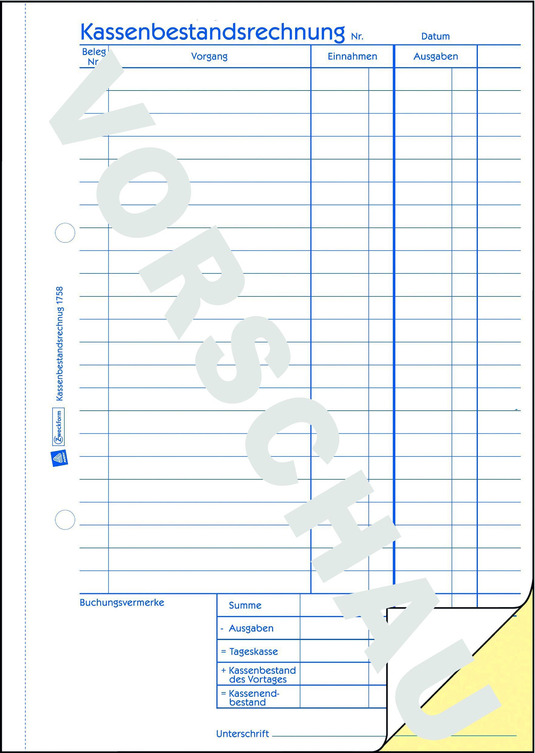 1758 Kassenbestandsrechnung, DIN A5, selbstdurchschreibend, 2 x 40 Blatt, weiß, gelb 1758 Kassenbestandsrechnung, DIN A5, selbstdurchschreibend, 2 x 40 Blatt, weiß, gelb