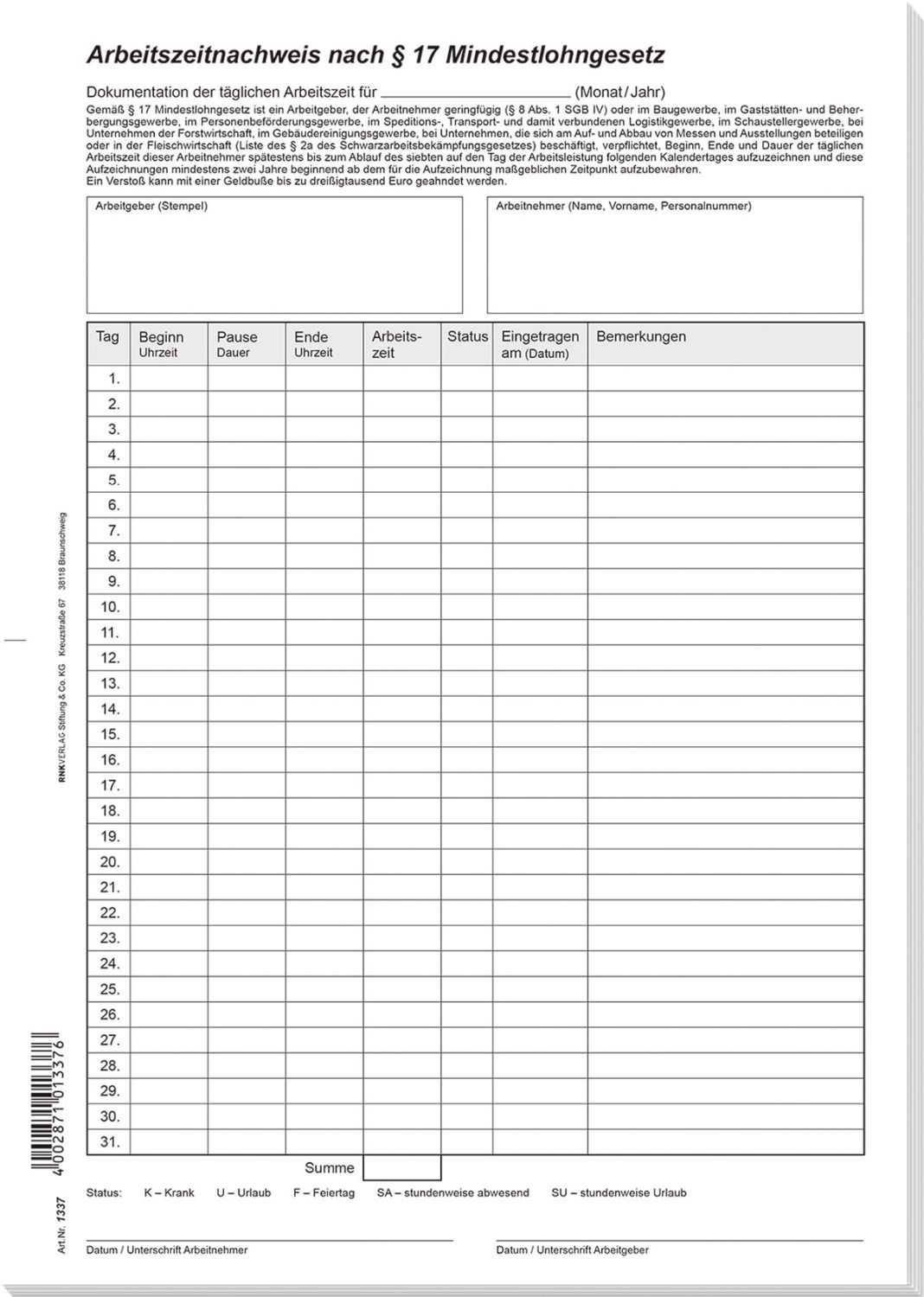 Arbeitszeitnachweis nach § 17 Mindestlohngesetz, Block, 24 Blatt, DIN A4