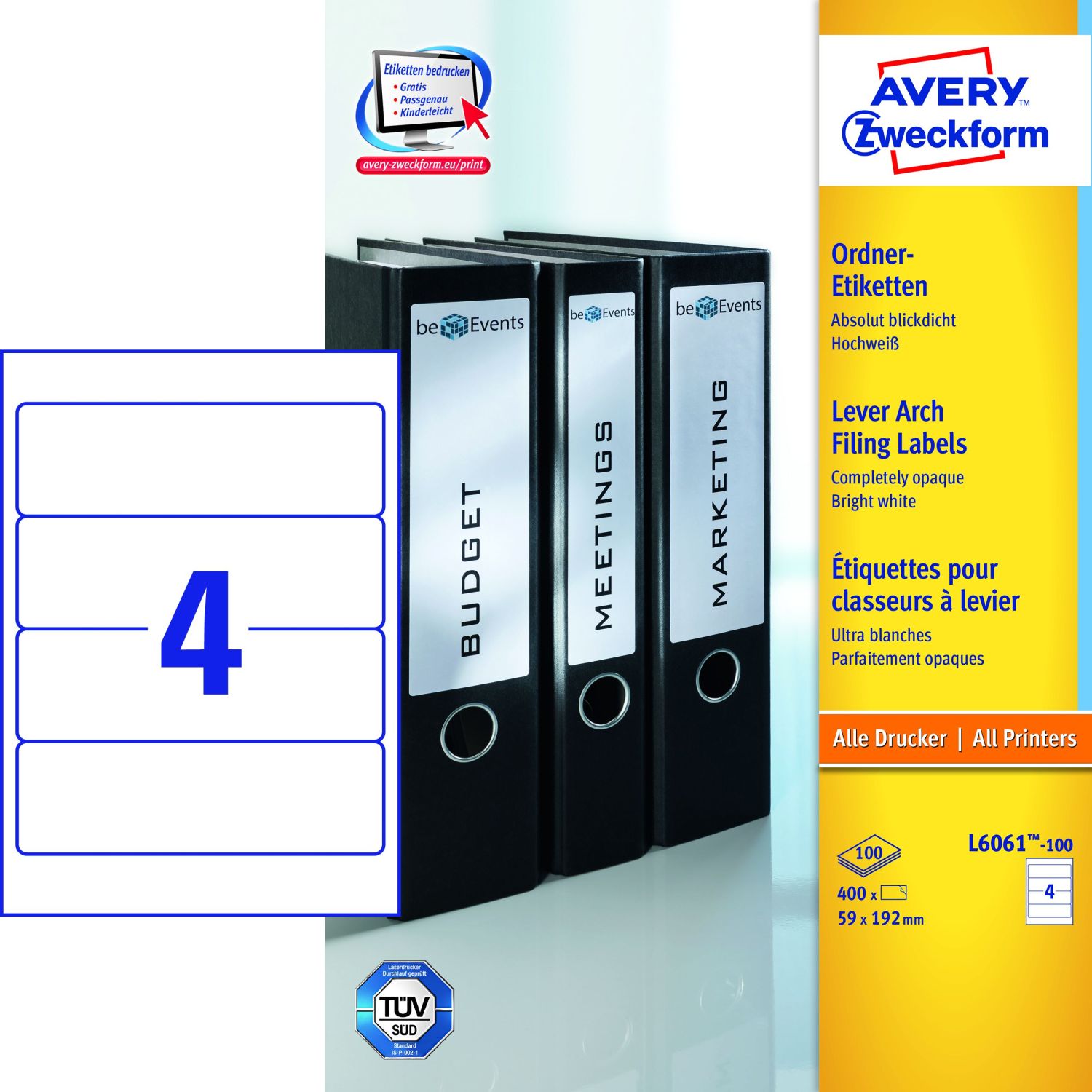 Rückenschild Avery Zweckform L6061-100 PC-beschriftbar, breit/kurz 59 x 192 mm, 100 Bogen/400 Etiketten, weiß Rückenschild Avery Zweckform L6061-100 PC-beschriftbar, breit/kurz 59 x 192 mm, 100 Bogen/400 Etiketten, weiß