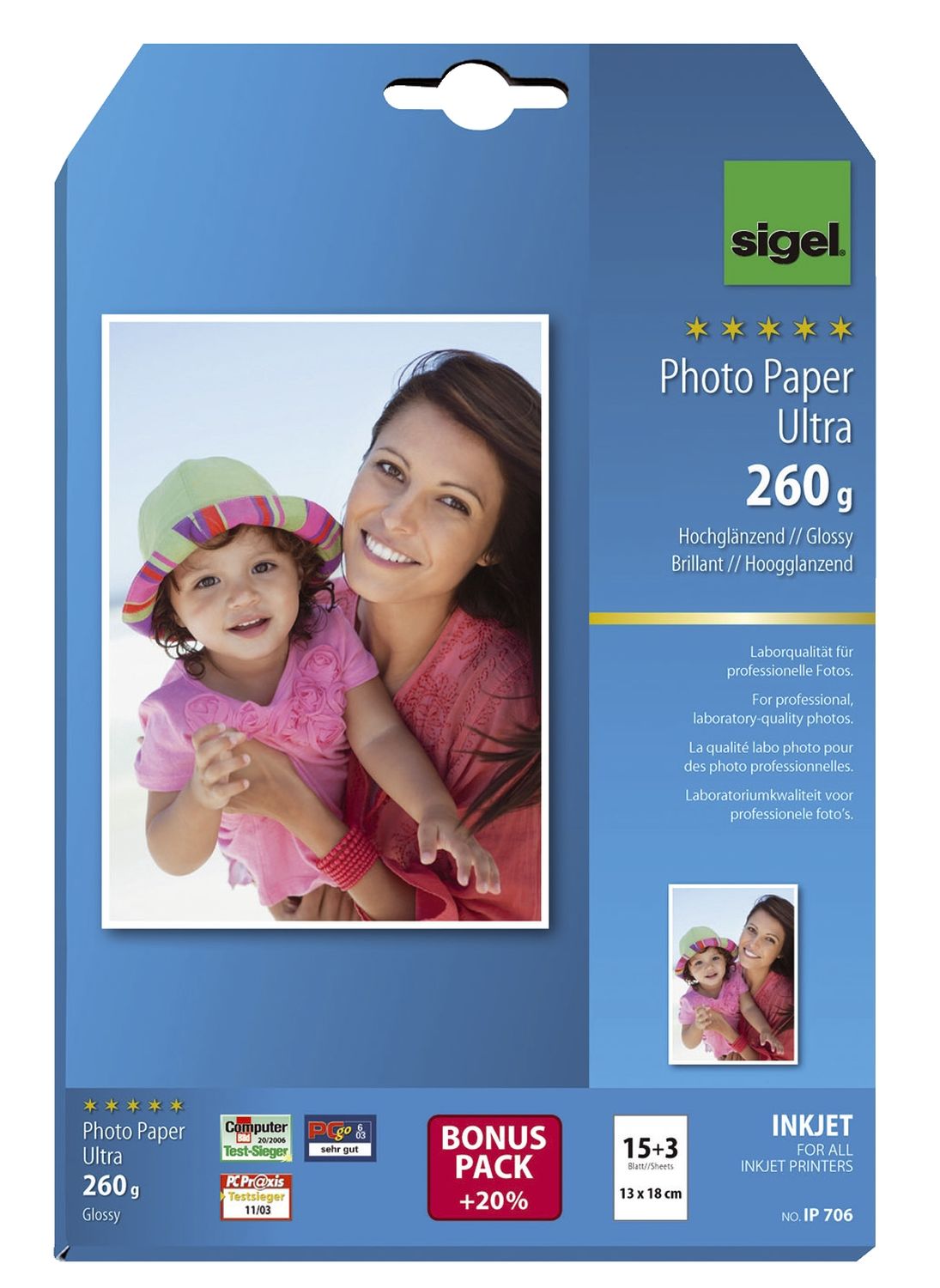Fotopapier Photo Paper Ultra IP706, 13 x 18 cm, weiß, hochglänzend, 260 g/qm, 15 + 3 Blatt für Inkjetdrucker
