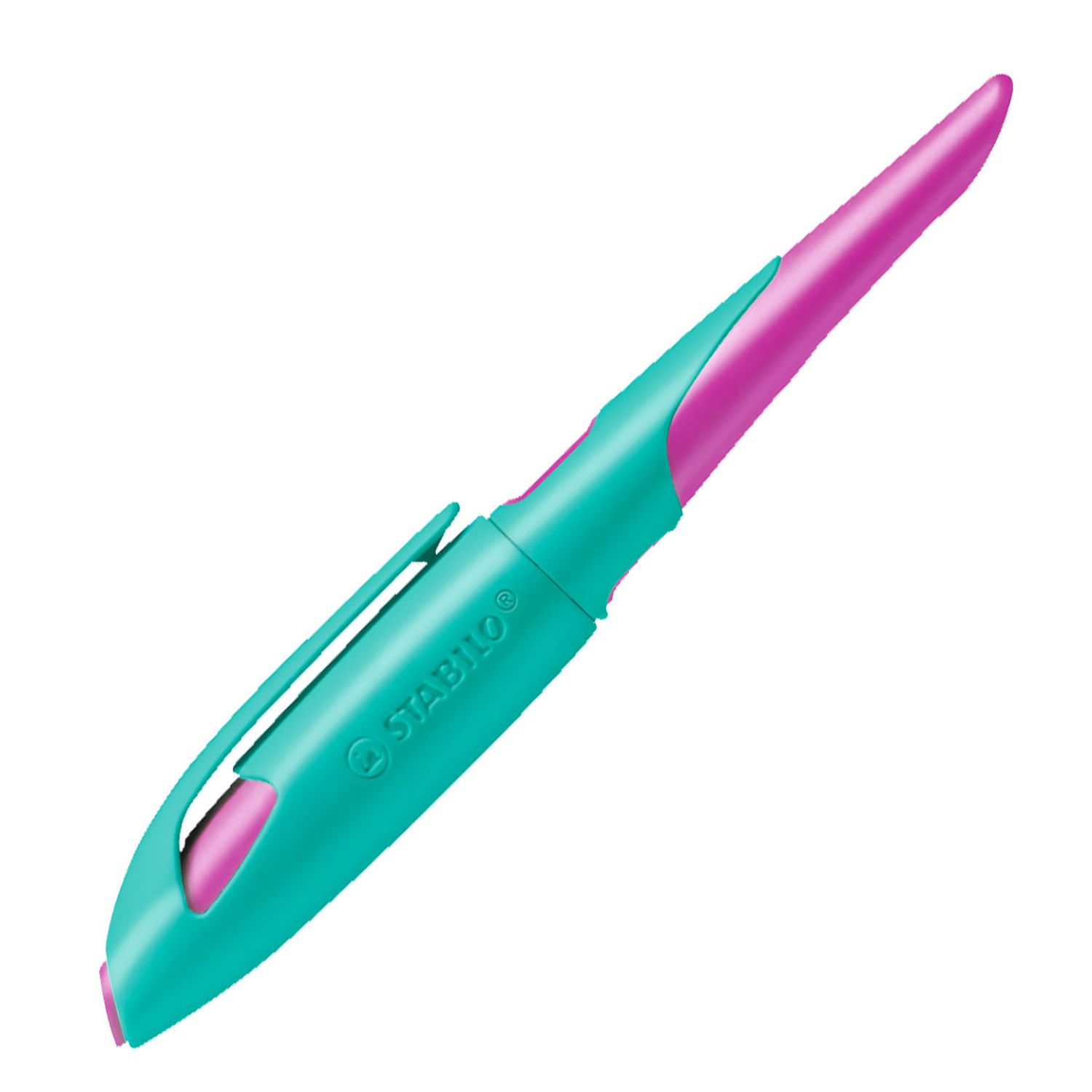 Ergonomischer Schulfüller für Rechtshänder mit Anfänger-Feder A - EASYbirdy in türkis/neonpink - Einzelstift - inklusive Patrone - Schreibfarbe blau (löschbar)