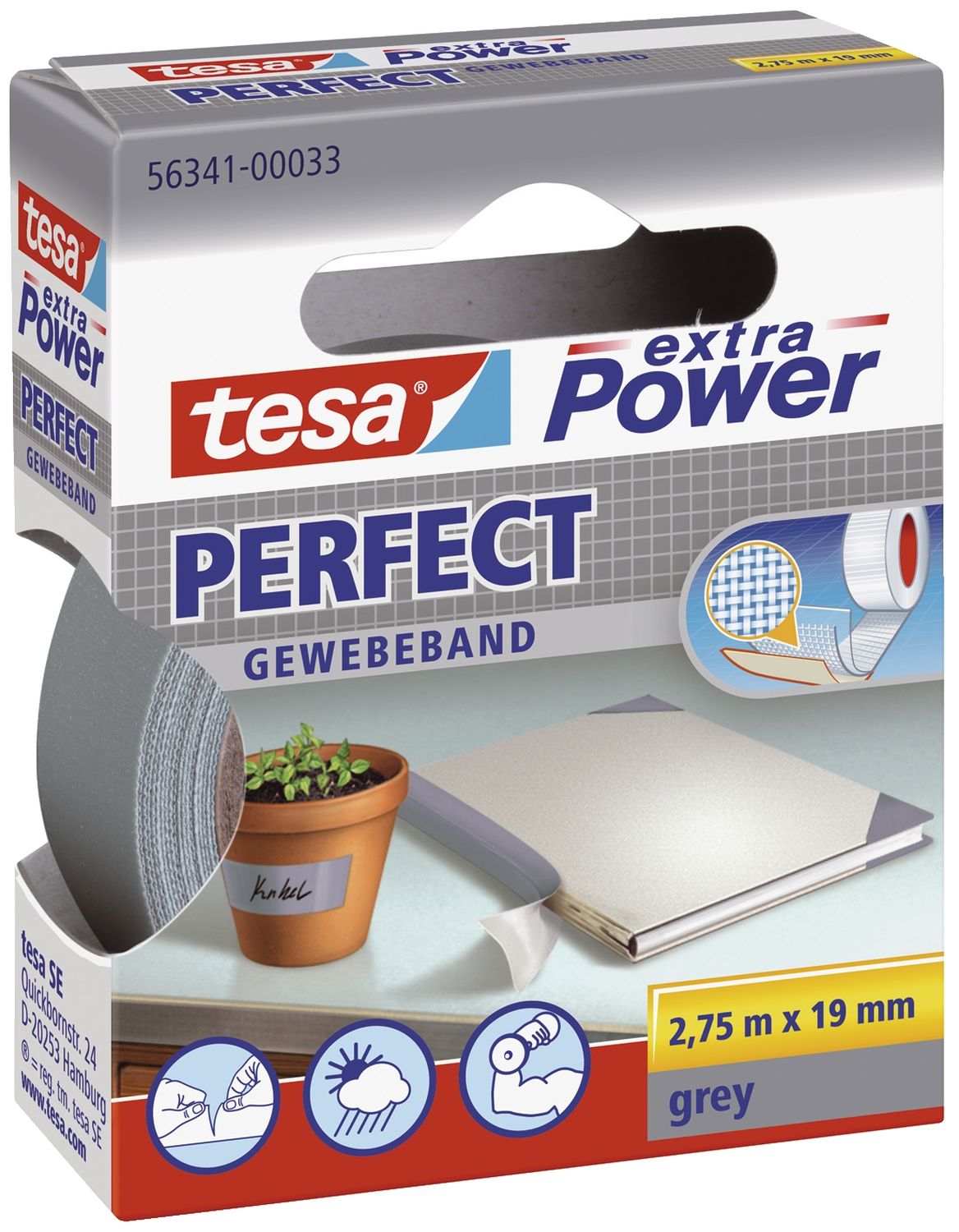 Gewebeklebeband extra Power Perfect - 2,75 m x 19 mm, grau