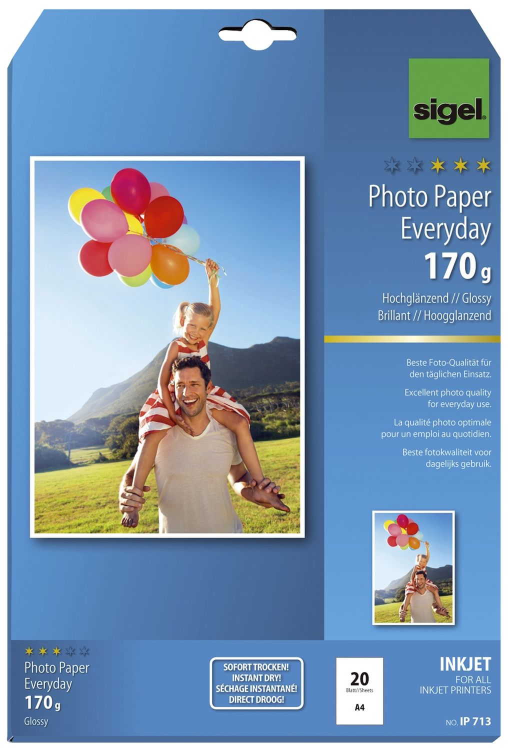 Fotopapier Photo Paper Everyday IP713, DIN A4, weiß, hochglänzend, 170 g/qm, 20 Blatt für Inkjetdrucker