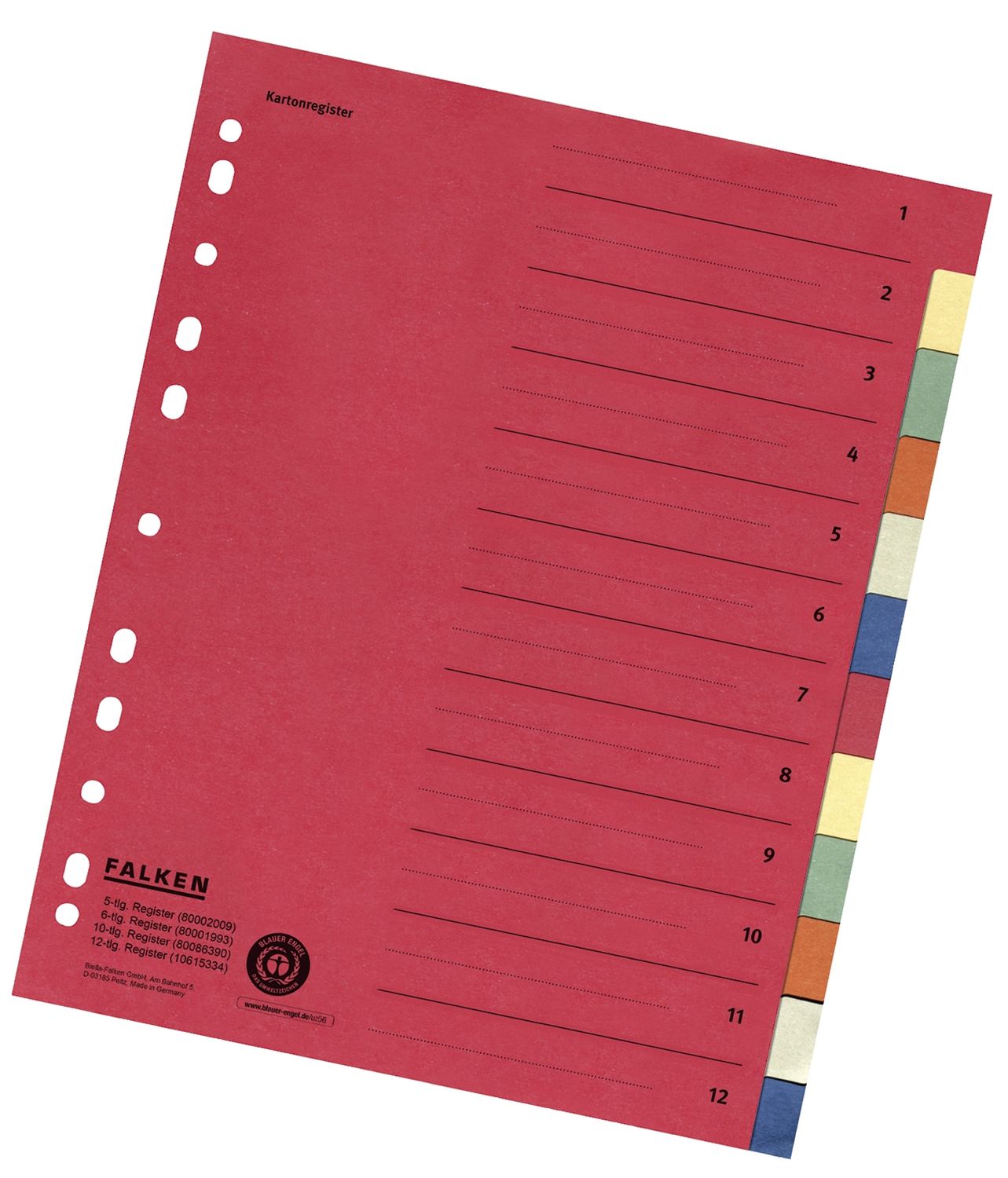 Zahlenregister - 1-12, Karton farbig, A4, 6 Farben, gelocht mit Orgadruck