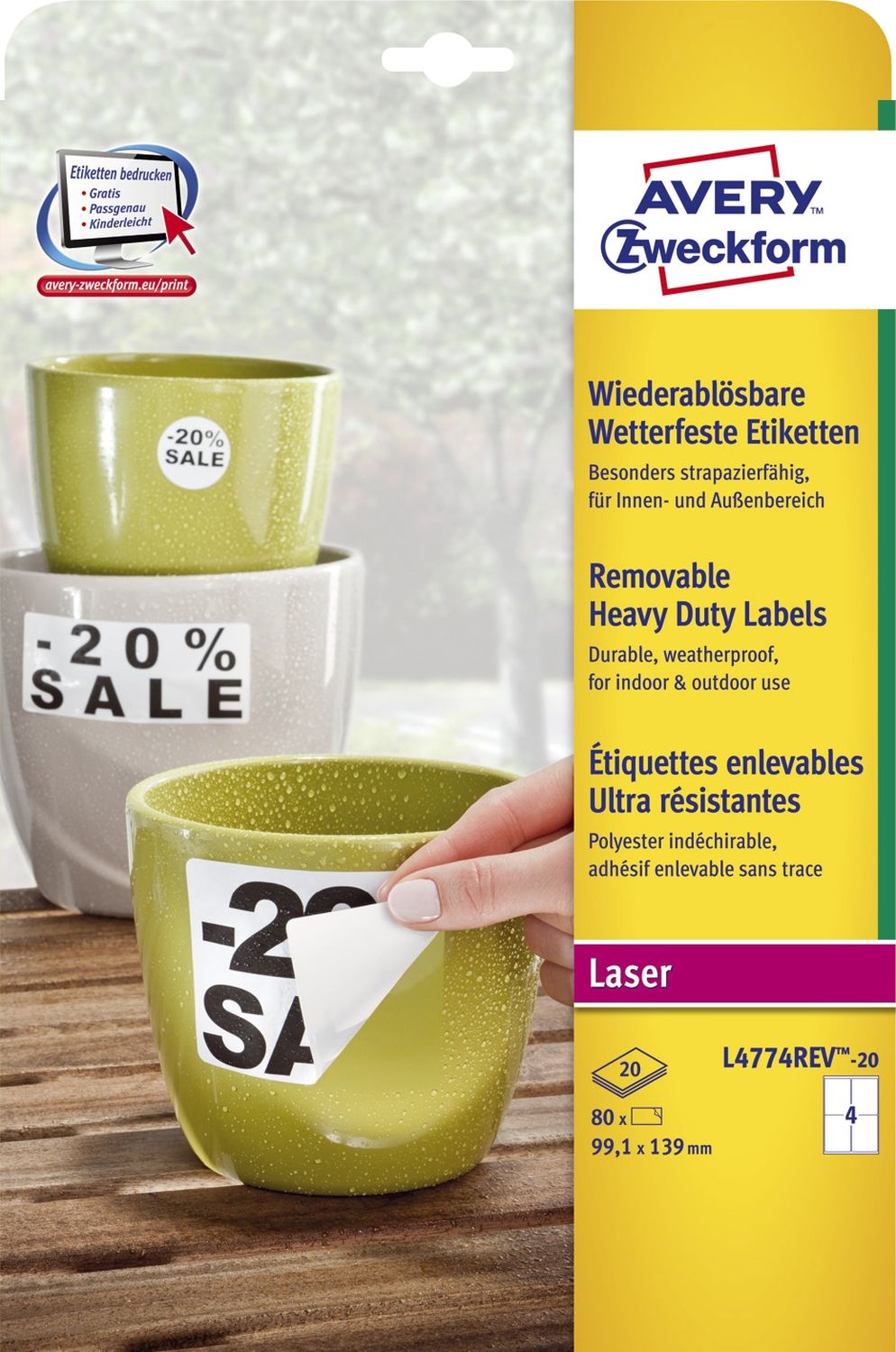L4774REV-20 Wetterfeste Etiketten (A4, 80 Stück, ablösbar, 99,1 x 139 mm) 20 Blatt weiß L4774REV-20 Wetterfeste Etiketten (A4, 80 Stück, ablösbar, 99,1 x 139 mm) 20 Blatt weiß