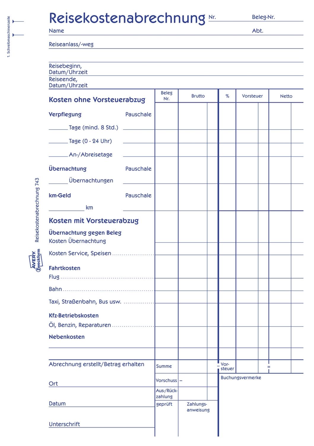 743 Reisekostenabrechnung, DIN A5, für Abrechnung pro Reise, 50 Blatt, weiß