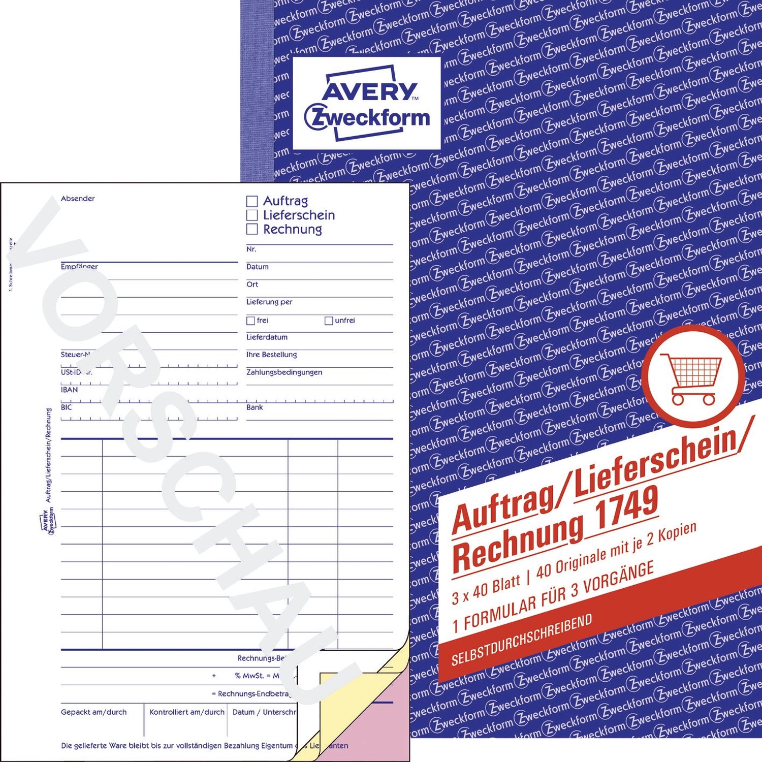 1749 Auftrag/Lieferschein/Rechnung, DIN A5, selbstdurchschreibend, 3 x 40 Blatt, weiß, gelb, rosa 1749 Auftrag/Lieferschein/Rechnung, DIN A5, selbstdurchschreibend, 3 x 40 Blatt, weiß, gelb, rosa