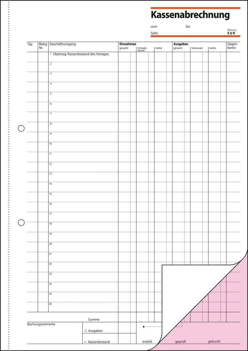 Kassenabrechnungen - A4, 1. und 2. Blatt bedruckt, 2 x 50 Blatt Kassenabrechnungen - A4, 1. und 2. Blatt bedruckt, 2 x 50 Blatt