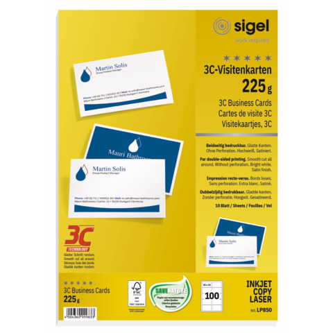 Visitenkarten Sigel LP850, 3C, beidseitigen Druck, 85 x 55 cm, Ecken spitz, 225 g/qm, hochweiß, 100 Stück auf 10 Blatt