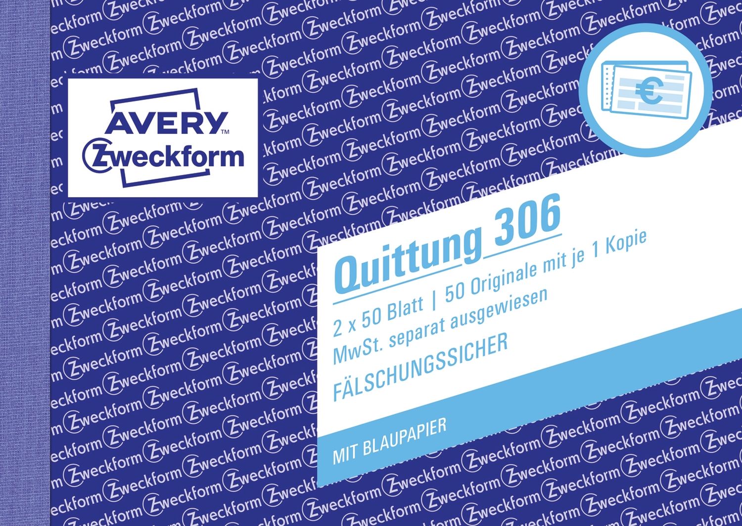 306 Quittung MwSt. separat ausgewiesen - A6 quer, MP, BL, fälschungssicher, 2x 50 Blatt, weiß 306 Quittung MwSt. separat ausgewiesen - A6 quer, MP, BL, fälschungssicher, 2x 50 Blatt, weiß