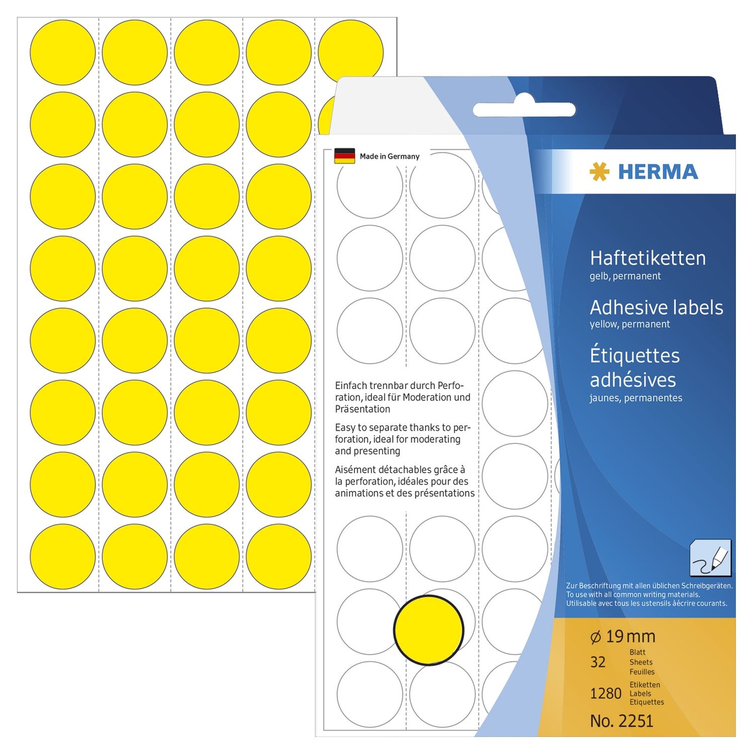 2251 Vielzwecketiketten - gelb, Ø 19 mm, matt, Trägerpapier perforiert, 1280 Stück 2251 Vielzwecketiketten - gelb, Ø 19 mm, matt, Trägerpapier perforiert, 1280 Stück