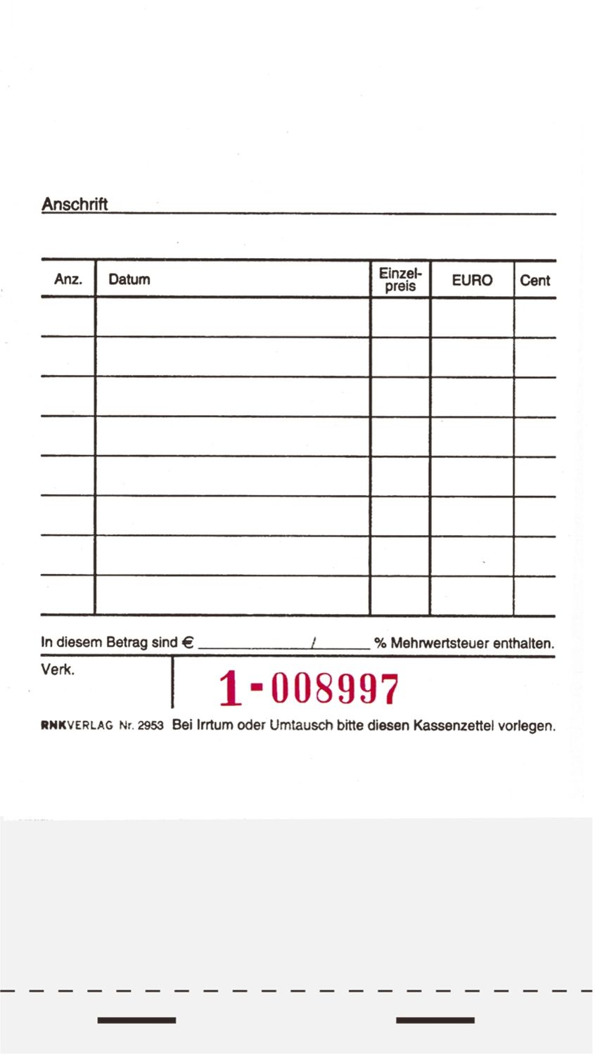 Kassenblock - unten geheftet, 2 x 50 Blatt, 96 x 175 mm, nummeriert Kassenblock - unten geheftet, 2 x 50 Blatt, 96 x 175 mm, nummeriert