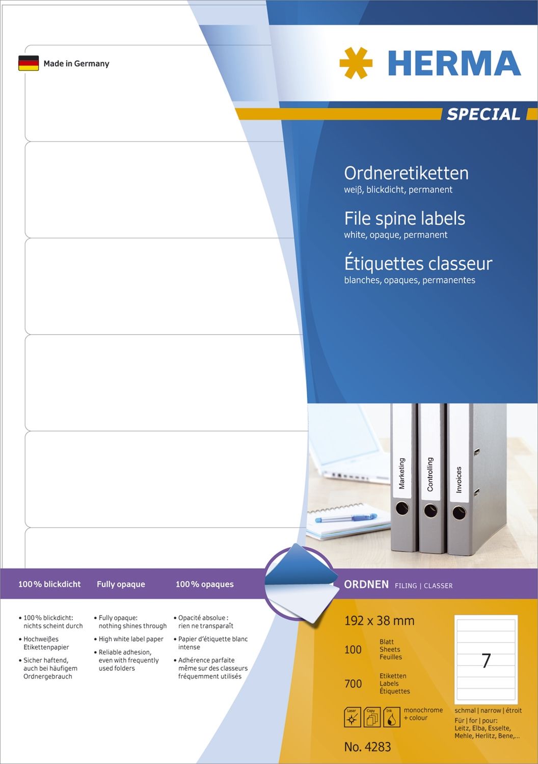 Rückenschilder Herma Special 4283 PC-beschriftbar, schmal/kurz 38x192 mm Papier matt blickdicht 700 St. Rückenschilder Herma Special 4283 PC-beschriftbar, schmal/kurz 38x192 mm Papier matt blickdicht 700 St.