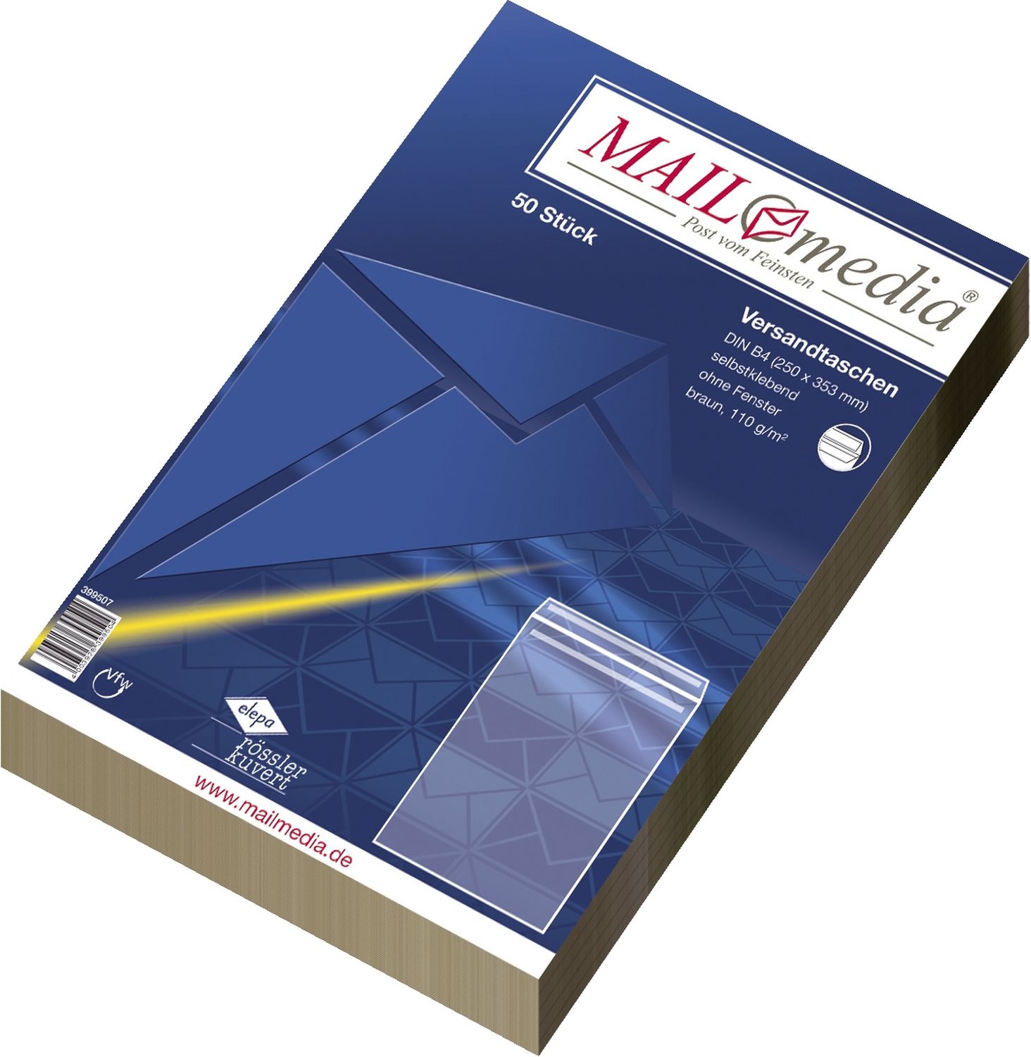Versandtaschen MAILmedia® 30022383 Recycling, B4, ohne Fenster, selbstklebend, 110 g/qm, braun, 50 Stück