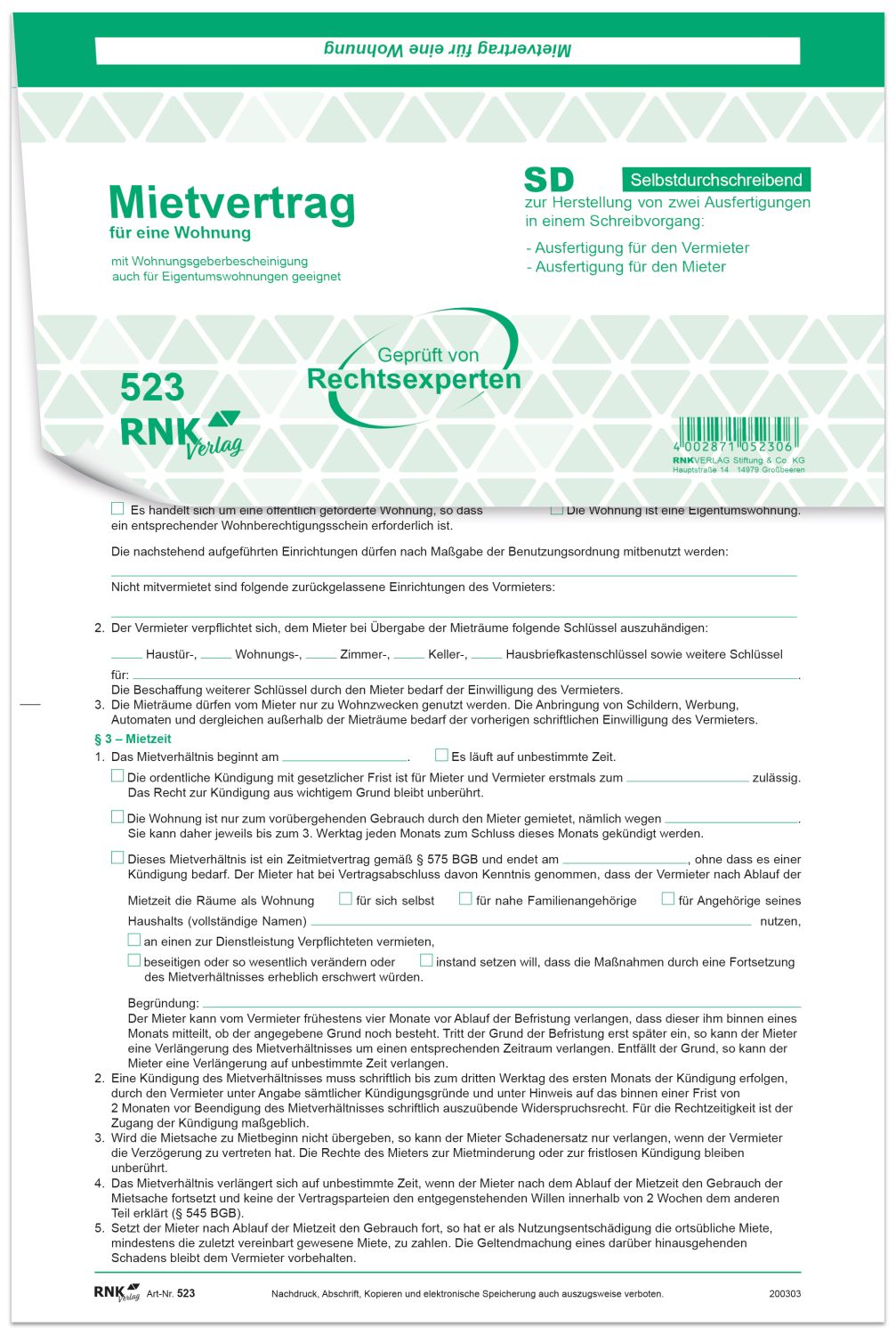 Universal-Mietvertrag für Wohnungen - SD, 3 x 2 Blatt, DIN A4, 10 Stück Universal-Mietvertrag für Wohnungen - SD, 3 x 2 Blatt, DIN A4, 10 Stück